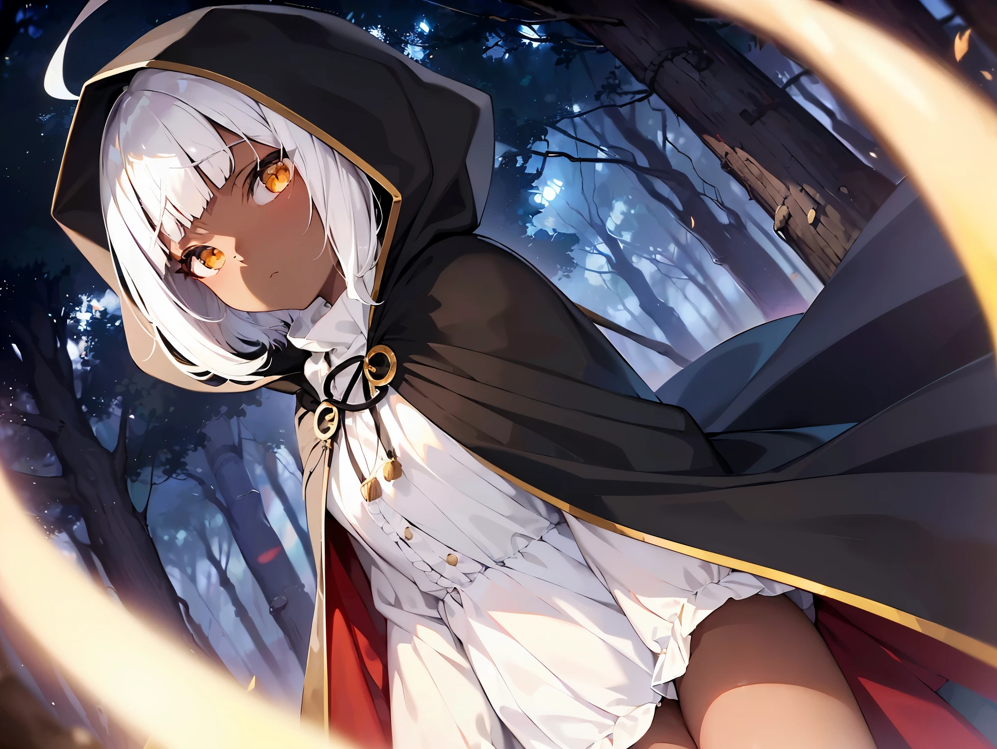 Cimematic vision, nigth, ((1girl)), (ta), ((((Dark skin)))), ((((short white hair)))), (((blunt bangs))), yellow eyes, ((cabelo emaranhado)), ((((no expression)))), Sonolenta, ((ahoge)), ((((cloak with hood covering the entire body)))), desleixada, ((melhor qualidade)), ((obra de arte)), (detalhado), rosto perfeito, ((style novel)), ((in forest)), cores beautiful, ((((style anime Shikimori-san))))
