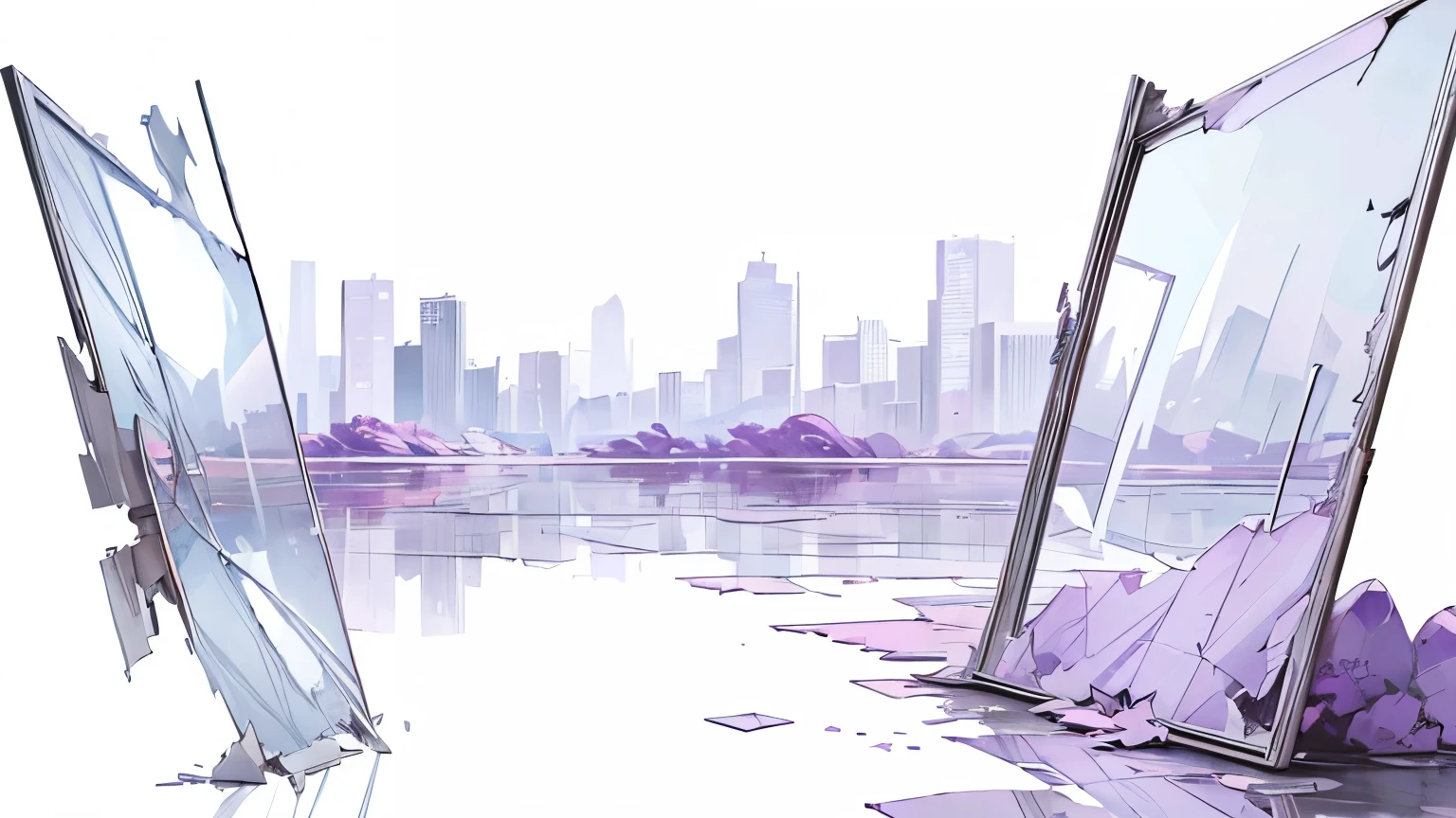 ((Masterpiece)), (Anime:1.3), ((best quality)), (abstract art:1.5), (High Definition), (pale purple), wide shot, ((broken windowpane)), (simple white background:1.6), landscape, (Beautiful),
