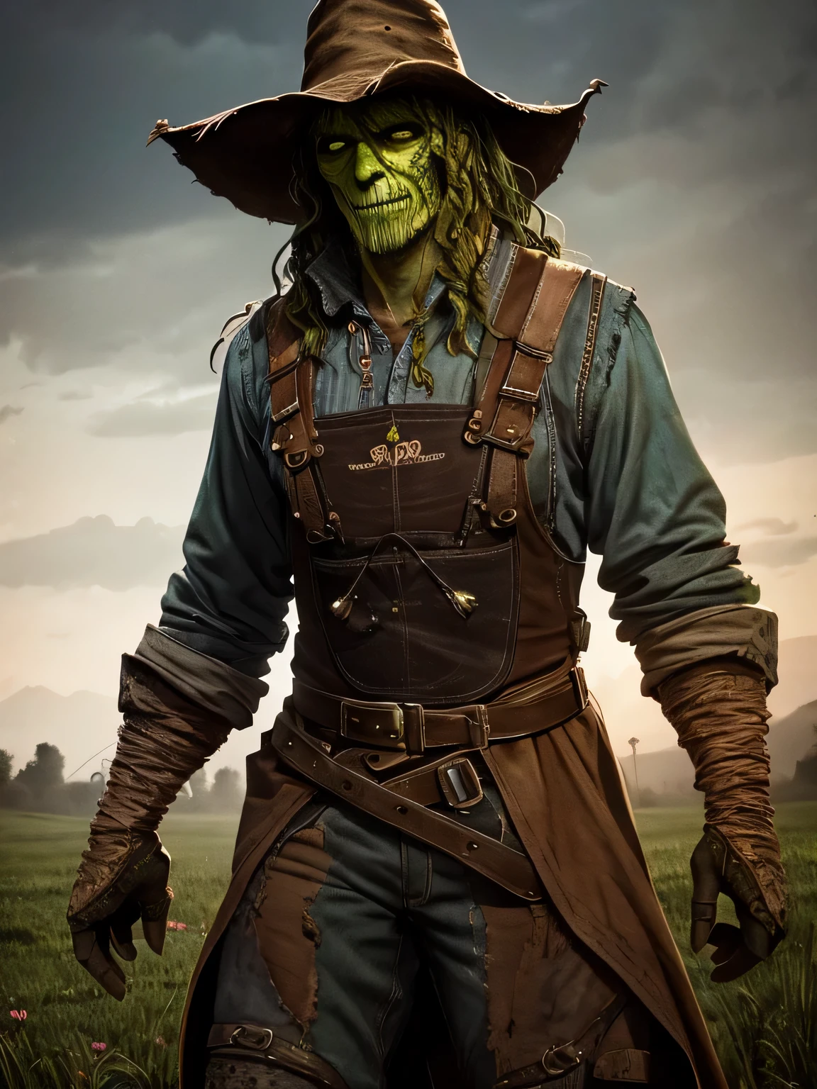 undead farmer,hand-painted texture,green skin,long curly hair,rugged clothes,faded overalls,mud-covered boots,bloody hat,dark atmosphere,misty barn,creepy scarecrow,rotting crops,eery moonlight(shadow)，best quality:1.2,ultra-detailed, HDR,studio lighting,physically-based rendering,portraits,vivid colors,warm color tone