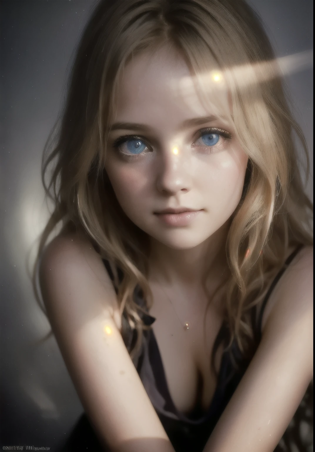 (best quality, high-quality, masterpiece:1.2, 4k full HD, half body photo) of girl, (blonde girl, pale skin, big blue eyes, long hair, light smile, blushing), (beautiful girl:1.2, cute face, dynamic pose), (most detailed photography, HD wallpaper), (ecstasy of light and shadow, volumetric light and shadows:1.2), (contest winner photo by lee jeffries, Greg Rutkowski and Magali Villanueva)