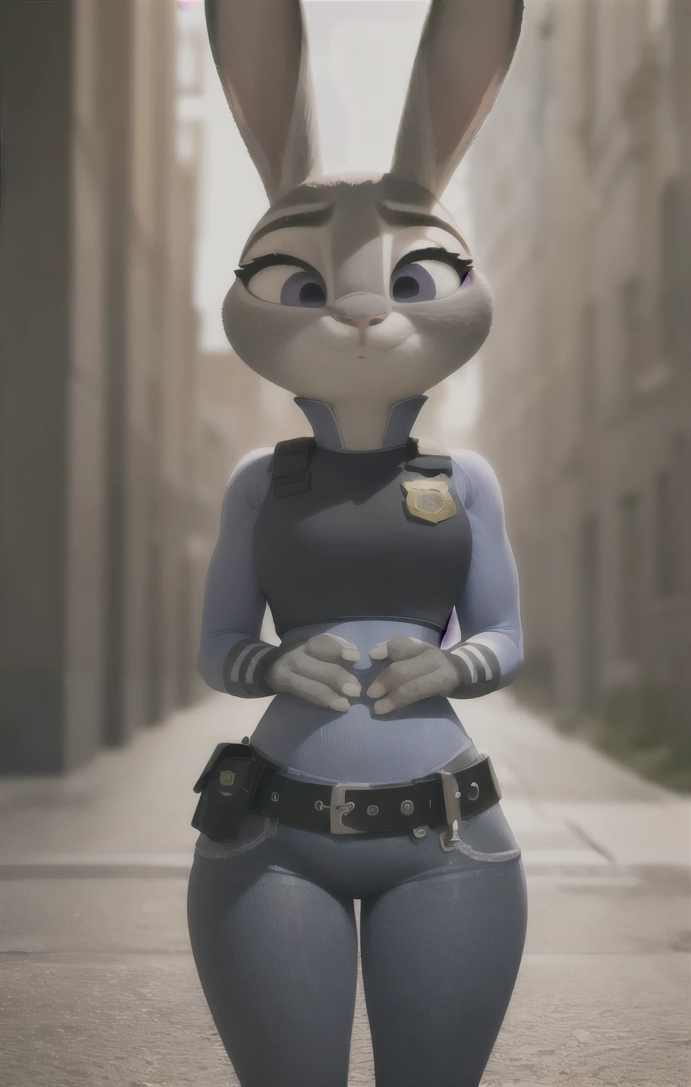 orejas hacia abajo, (Mejor calidad, Obra maestra:1), peluda hembra antro judyhopps, retrato, uniforme de policia, uniforme completo, cola de conejo, police belt, police badge, pantalones azules, sonrisa, ojos morados, pelaje del cuerpo, ojos medio cerrados, (fondo urbano detallado de la ciudad:1.1), estilo pixar 3d, cuerpo completo, caderas anchas, piernas gruesas