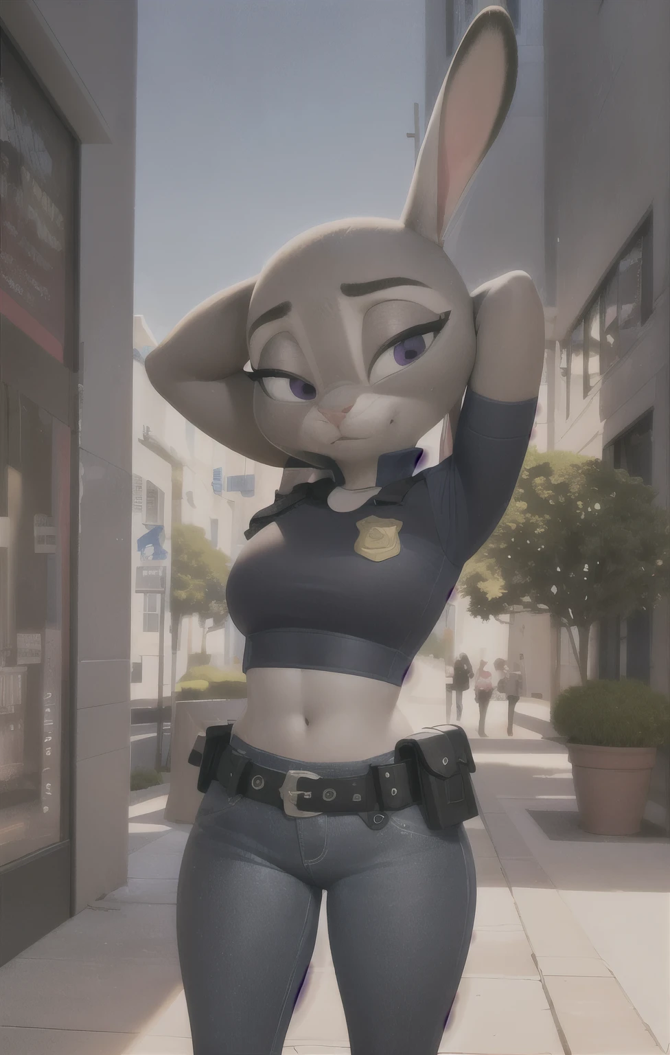 orejas hacia abajo, (Mejor calidad, Obra maestra:1), peluda hembra antro judyhopps, retrato, uniforme de policia, uniforme completo, cola de conejo, police belt, police badge, pantalones azules, sonrisa, ojos morados, pelaje del cuerpo, ojos medio cerrados, (fondo urbano detallado de la ciudad:1.1), estilo pixar 3d, cuerpo completo, caderas anchas, piernas gruesas