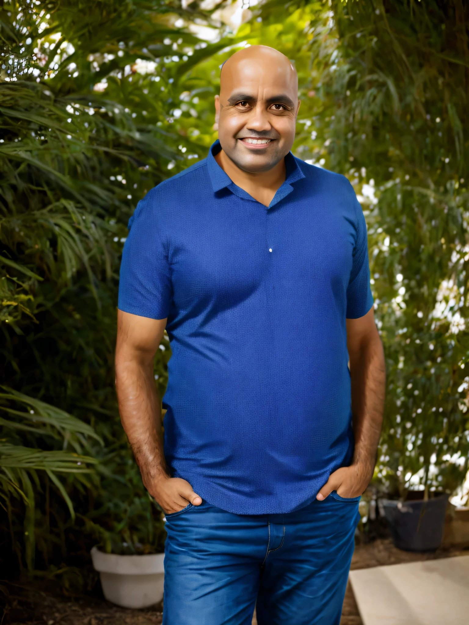 (Lora lealdade) Homem brasileiro, 40 anos, olhos e cabelos castanhos, Corpo todo, Barriga pequena, um pouco acima do peso, rosto liso sem barba, Arms with hair, Estilo casual, cabelo muito curto, Careca, Cinematic lighting, sony fe gm, 16K, melhor qualidade, Super detalhe, Pele Texturizada, anatomicamente correto, ambiente corporativo