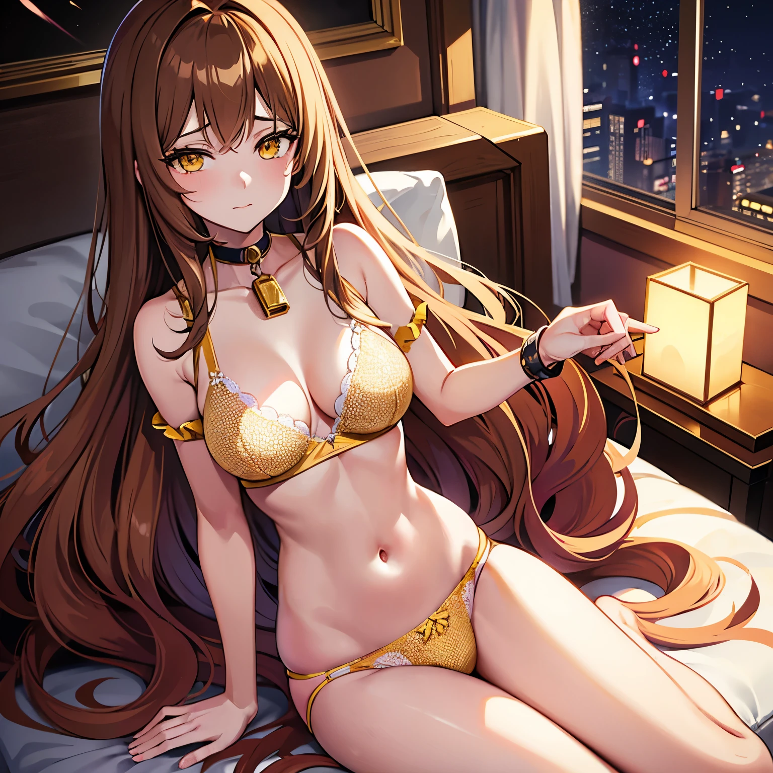 Anime style, anime style, 1 beautiful girl with long brown hair, yellow eyes, long eyelashes, expression would be, in pink lace underwear with milk on her mouth and body, sitting on a sofa at night, dim lighting, light particles, night scene, yellow colour eyes