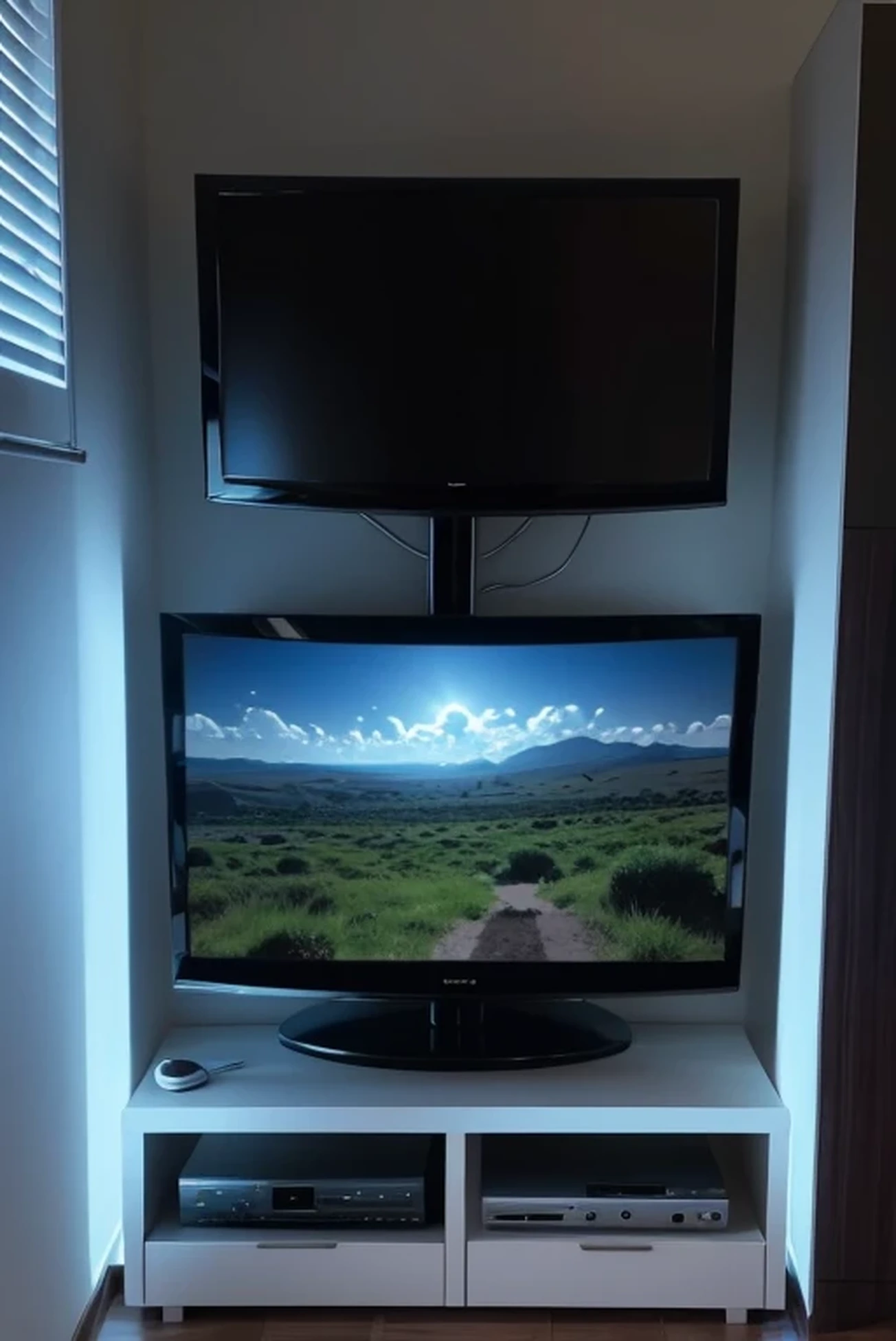 una habitacion oscura presentando una television prendida con imagenes de nubes