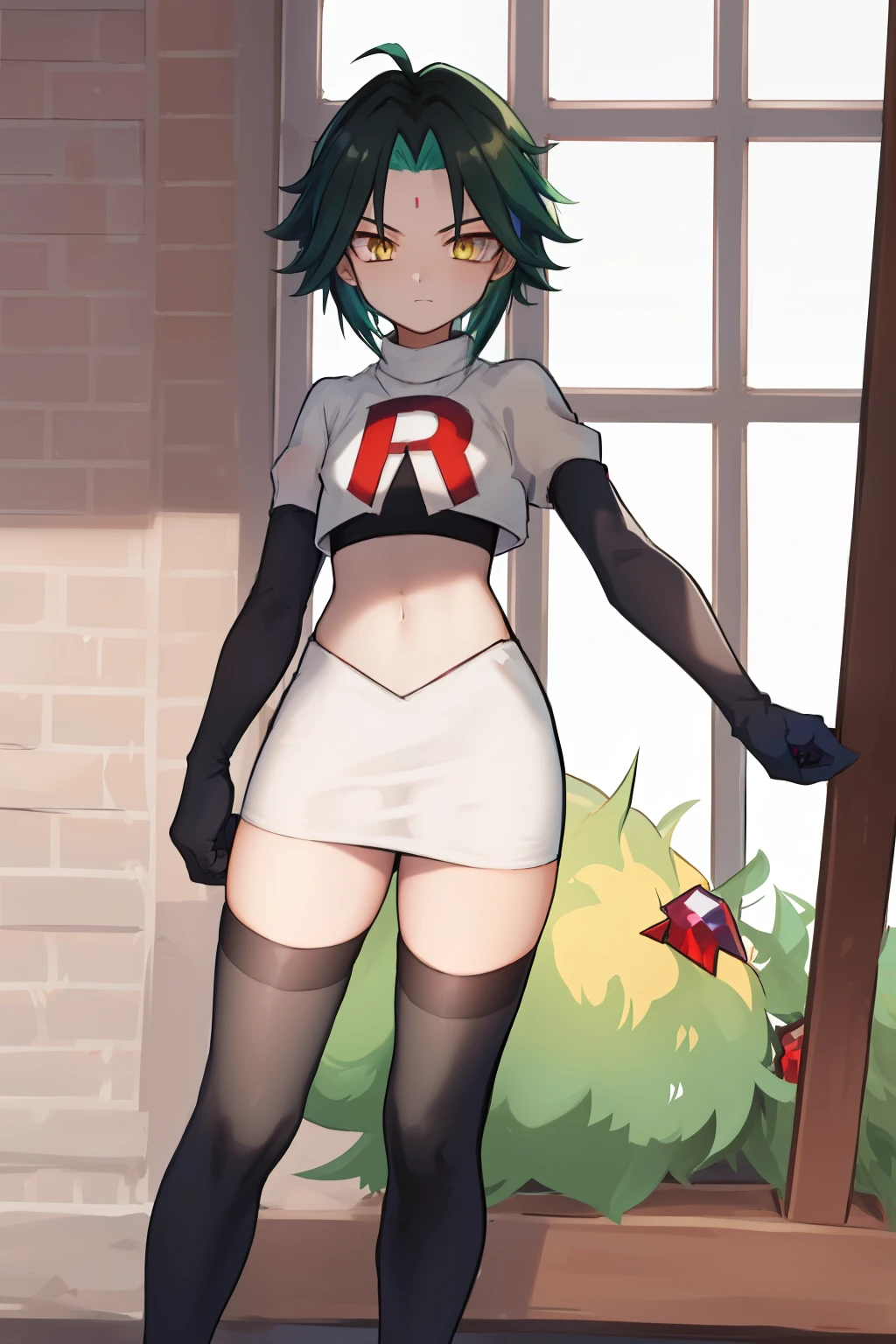 absurdres,xiao, 1boy, male focus, trap,green haired boy, yellow eyes, dead eyes, small gem on forehead,crossdressing,1boy,team rocket,team rocket uniform,white skirt,red letter R,crop top,black thigh-highs,black elbow gloves