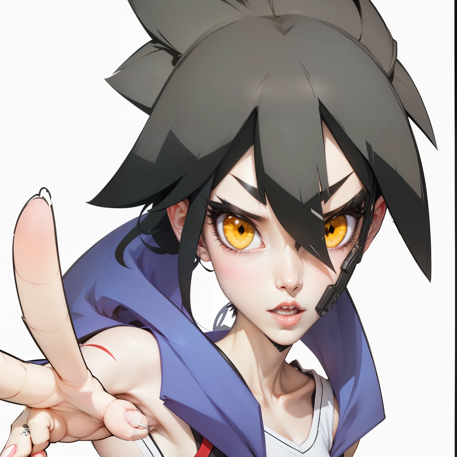 Anime character with yellow eyes pointing at something, 迷人的Ryuko Maai, Cartoon rendering art style, Ryuko Maai, Anime cute art style, Flat anime style shadow, 2D anime style, Advanced Digital Animation Art”, cartoon animation, cyborg gear, Guilty gear art style, sly expression, Portrait of anime heroine, Kushat Kenzi
