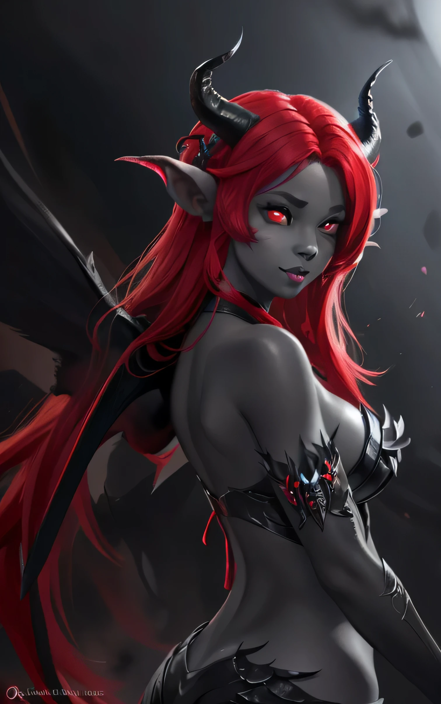 sehele style, anime style, (((succubus))) with (((charcoal gray skin))) and ((solid crimson red eyes))). Two of her (((horns curve elegantly backwards))) and two (((smaller horns curve slightly forwards))) , 8k, 4k, Unreal Engine 5, octane render, trending on pixiv, fanbox, skeb, masterpiece, smooth soft skin, big dreamy eyes, beautiful intricate colored (((red hair))), (((big black wings))), anime wide eyes, soft lighting, concept art, digital painting, 