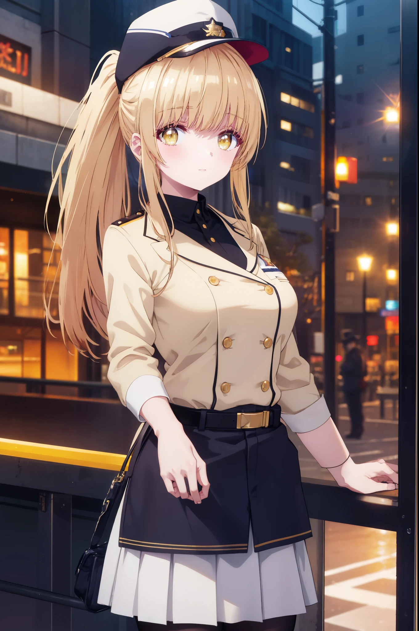 mahirushiina, Mahiru Shiina, bangs, blonde hair, brown hair, (yellow eyes:1.3), long hair,ponytail,smile,black pencil skirt, police hat,police sexy uniform, belt, black pantyhose, Jacket,smile,armband, big breasts, The right hand is saluting,Put your left hand on your hip, leaning forward, Are standing,Asahi,sunrise,The sun is rising through the gap between the buildings,
break outdoors,building street,In town,
break looking at viewer, (cowboy shot:1.5),
break (masterpiece:1.2), highest quality, High resolution, unity 8k wallpaper, (figure:0.8), (detailed and beautiful eyes:1.6), highly detailed face, perfect lighting, Very detailed CG, (perfect hands, perfect anatomy),