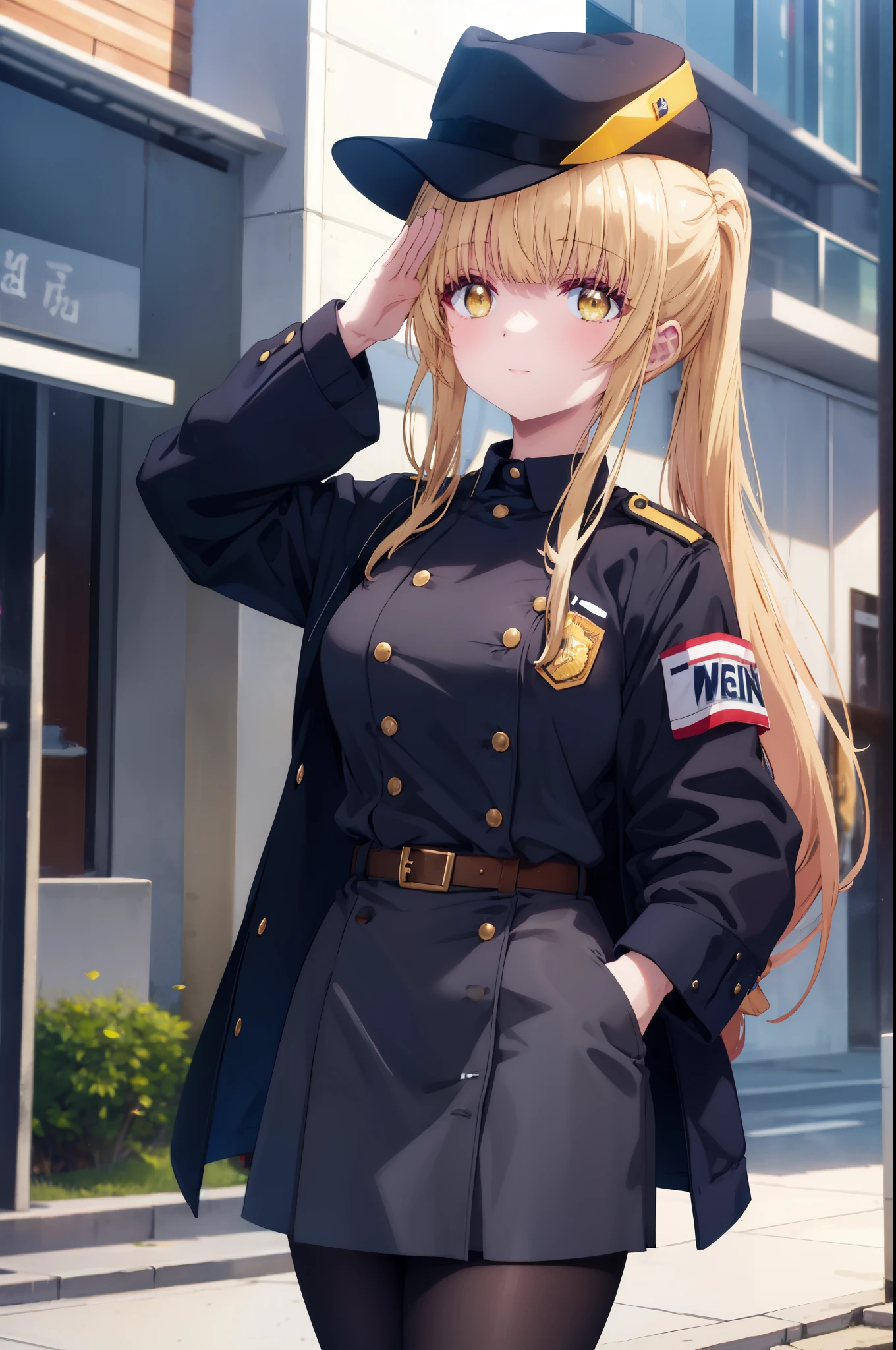 mahirushiina, Mahiru Shiina, bangs, blonde hair, brown hair, (yellow eyes:1.3), long hair,ponytail,smile,black pencil skirt, police hat,police sexy uniform, belt, black pantyhose, Jacket,smile,armband, big breasts, The right hand is saluting,Put your left hand on your hip, leaning forward, Are standing,Asahi,sunrise,The sun is rising through the gap between the buildings,
break outdoors,building street,In town,
break looking at viewer, (cowboy shot:1.5),
break (masterpiece:1.2), highest quality, High resolution, unity 8k wallpaper, (figure:0.8), (detailed and beautiful eyes:1.6), highly detailed face, perfect lighting, Very detailed CG, (perfect hands, perfect anatomy),