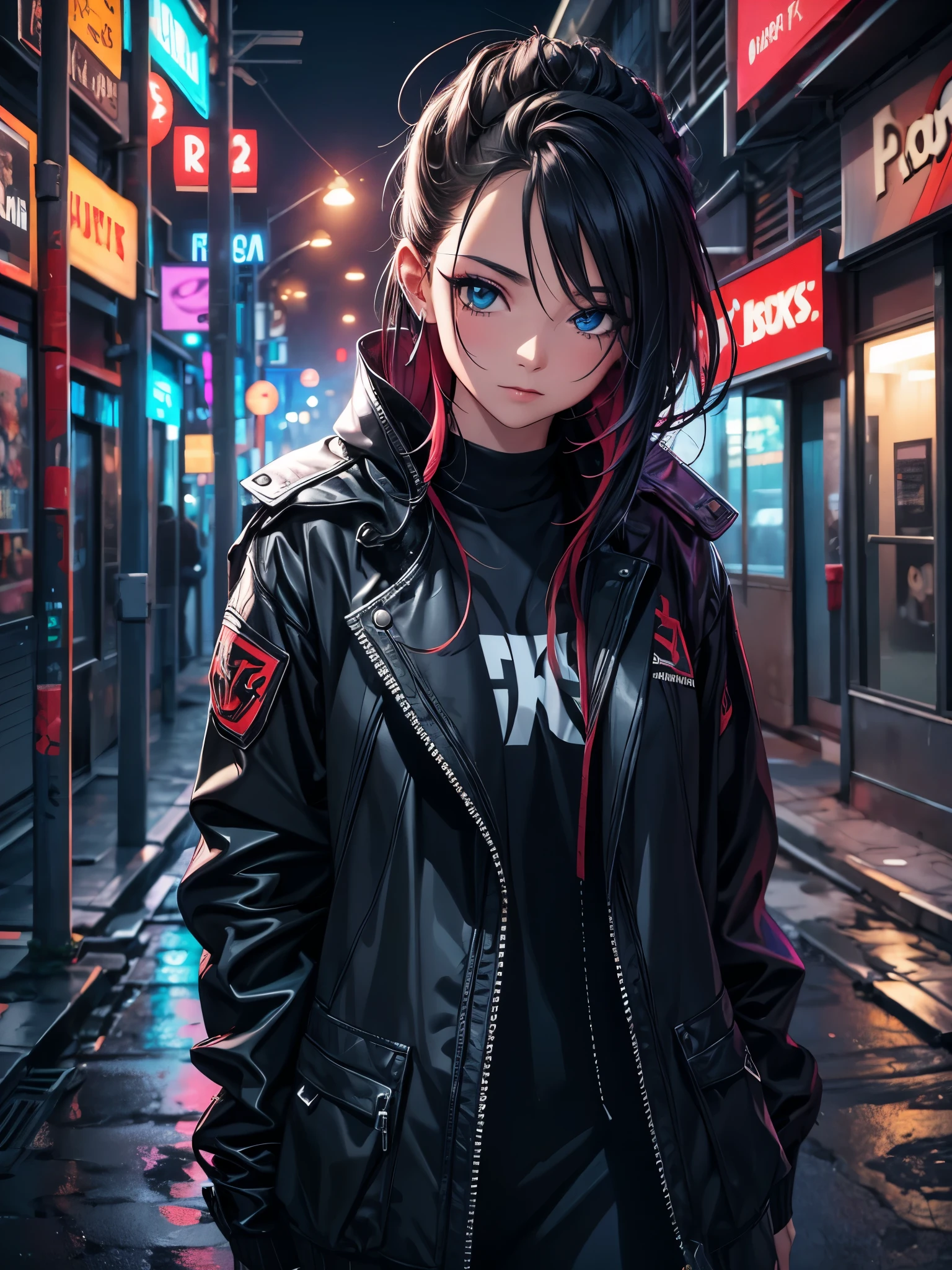 (best quality,4k,highres),ultra-detailed,realistic,street fashion,edgy look,dark alley ambiance,vibrant colors,hazy street lights,urban backdrop,captivating expression,urban decay aesthetic,defiant attitude,city nightlife,gritty atmosphere,stray graffiti,energy and movement,edgy makeup,confident stance,city lights reflection on wet ground