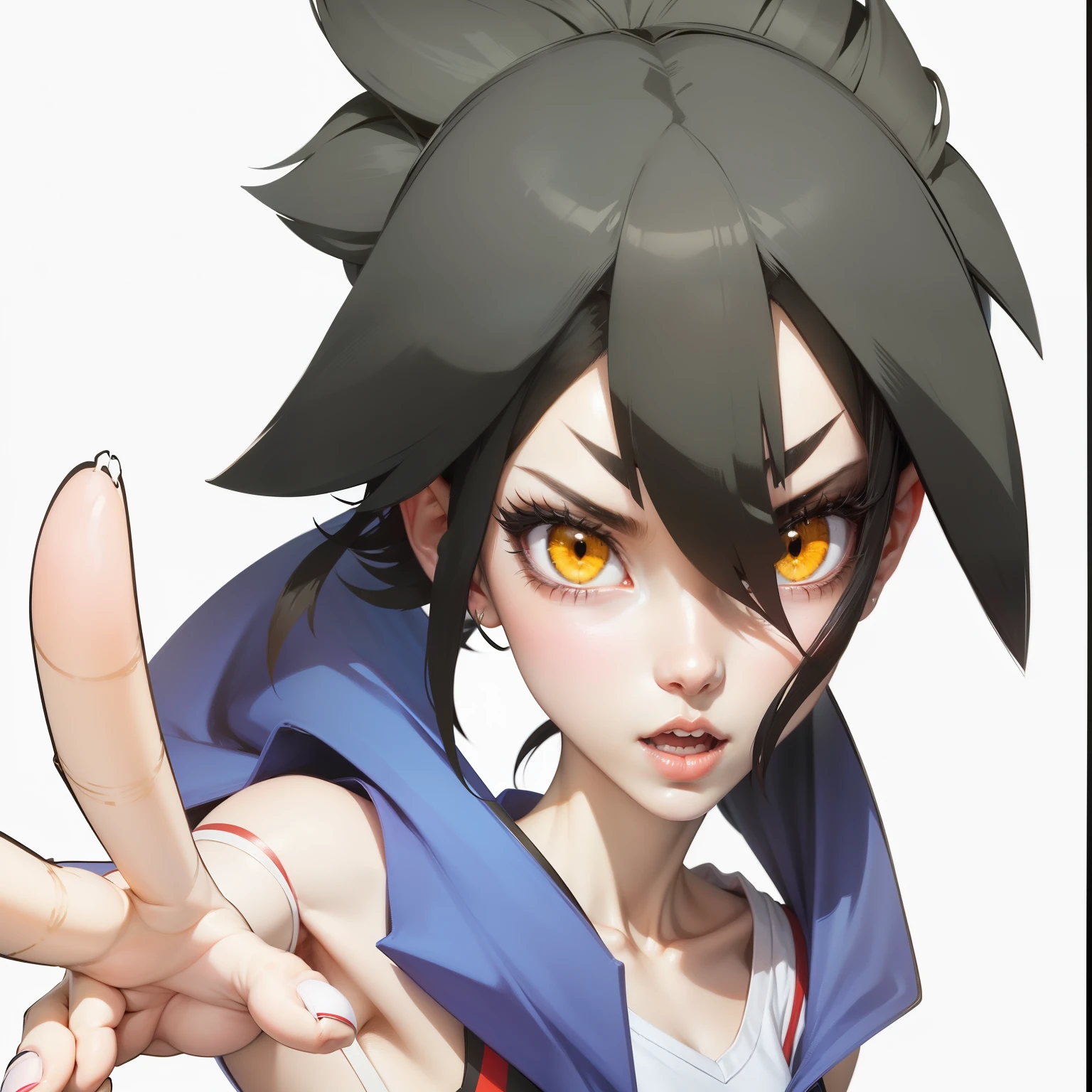 Anime character with yellow eyes pointing at something, 迷人的Ryuko Maai, Cartoon rendering art style, Ryuko Maai, Anime cute art style, Flat anime style shadow, 2D anime style, Advanced Digital Animation Art”, cartoon animation, cyborg gear, Guilty gear art style, sly expression, Portrait of anime heroine, Kushat Kenzi