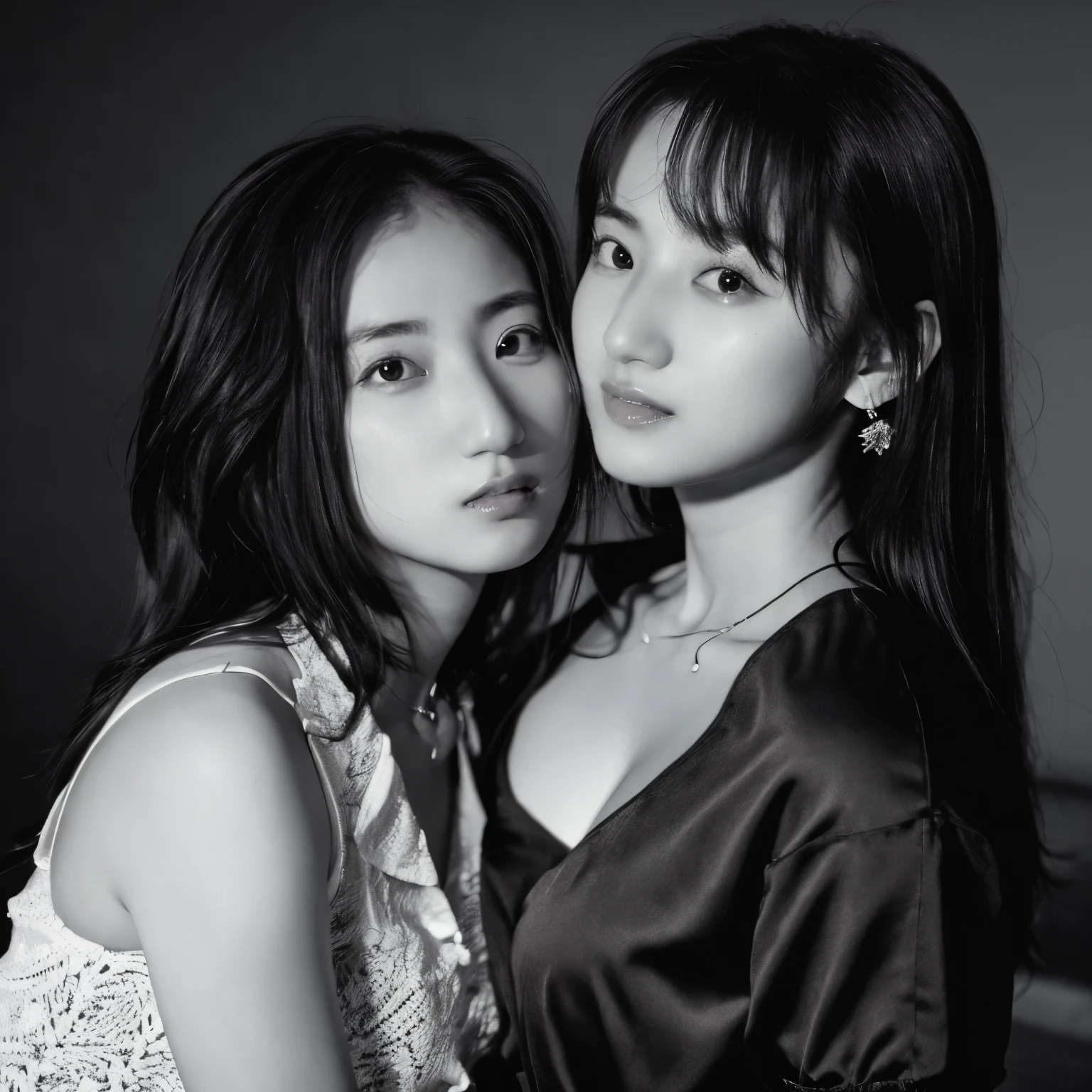 Identical twin sisters hugging,masterpiece, highest quality, Photoreal, super detailed, finely, High resolution, 8k wallpaper, Professional, High level details, ((monochrome photography)), ((facing the front)), ((vermilion lips)), detailed clavicle, perfect face, straight hair