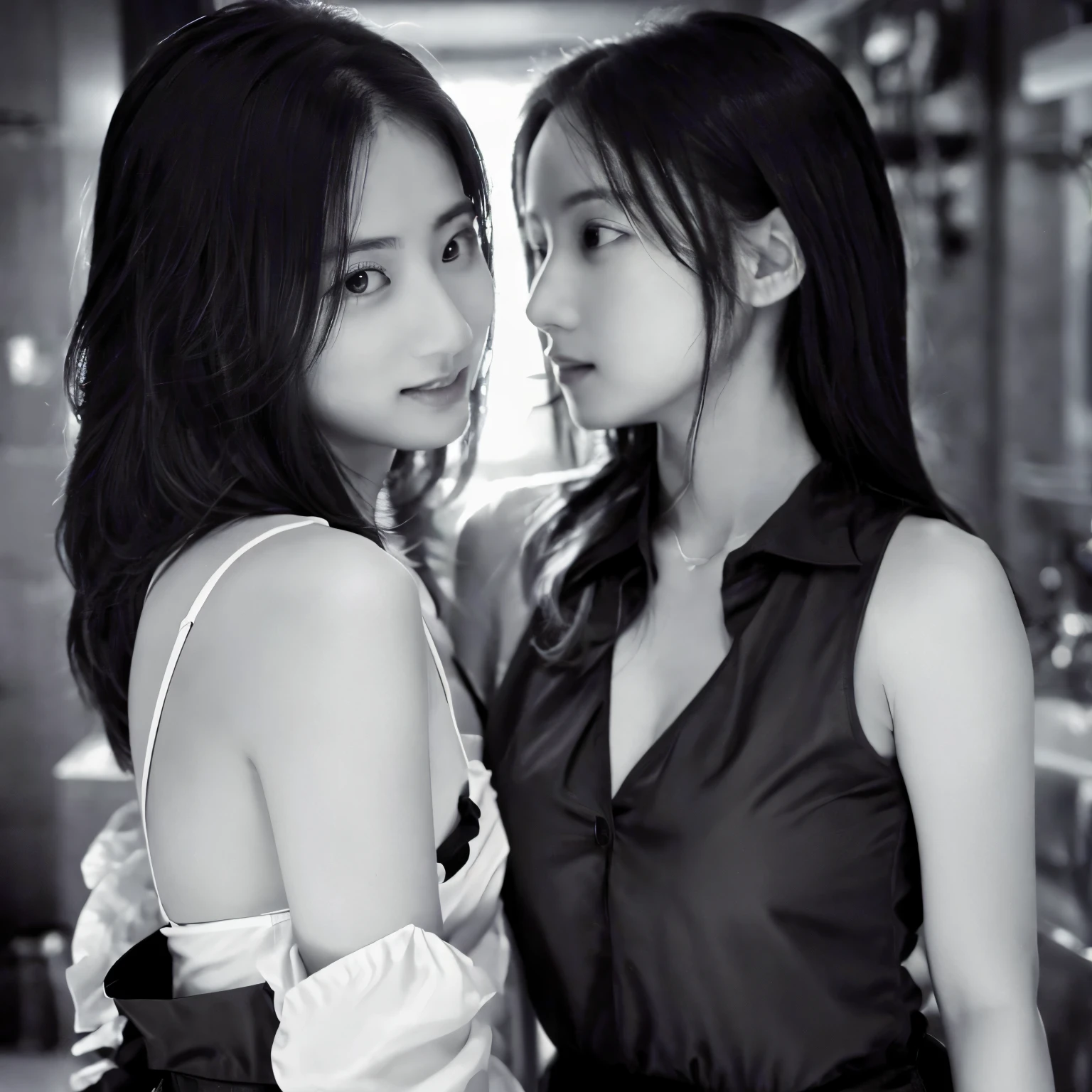 Identical twin sisters hugging,masterpiece, highest quality, Photoreal, super detailed, finely, High resolution, 8k wallpaper, Professional, High level details, ((monochrome photography)), ((facing the front)), ((vermilion lips)), detailed clavicle, perfect face, straight hair