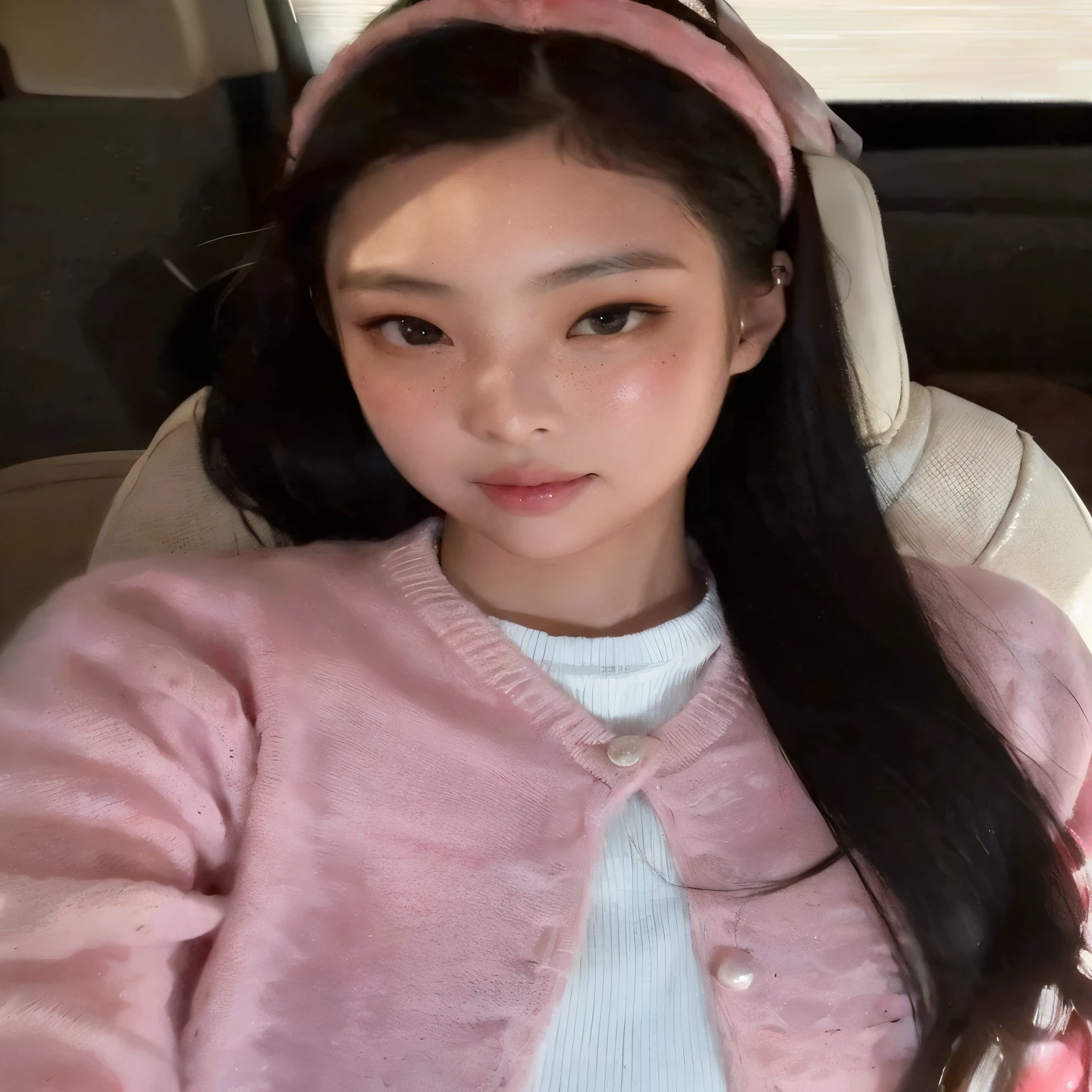 arafed asian woman in a red sweater and headband sitting in a car, blackpink jennie, park ji-min, lee ji - eun, lee ji-eun, jaeyeon nam, heonhwa choe, kim doyoung, roseanne park of blackpink, jossi of blackpink, ulzzang, taejune kim, sha xi, jinyoung shin, wenfei ye