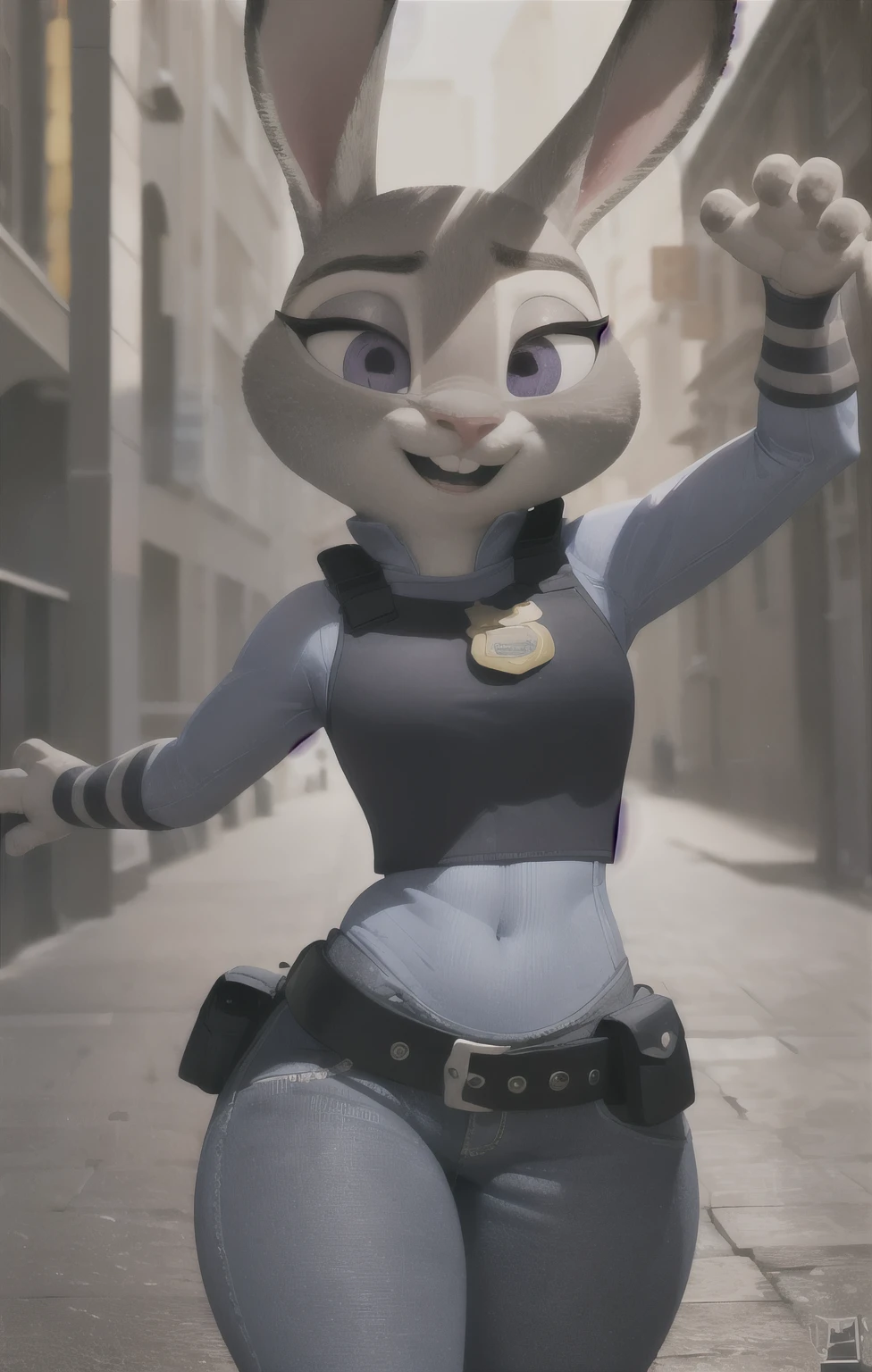 orejas hacia abajo, (Mejor calidad, Obra maestra:1), peluda hembra antro judyhopps, retrato, uniforme de policia, uniforme completo, cola de conejo, police belt, police badge, pantalones azules, sonrisa, ojos morados, pelaje del cuerpo, ojos medio cerrados, (fondo urbano detallado de la ciudad:1.1), estilo pixar 3d, cuerpo completo, caderas anchas, piernas gruesas