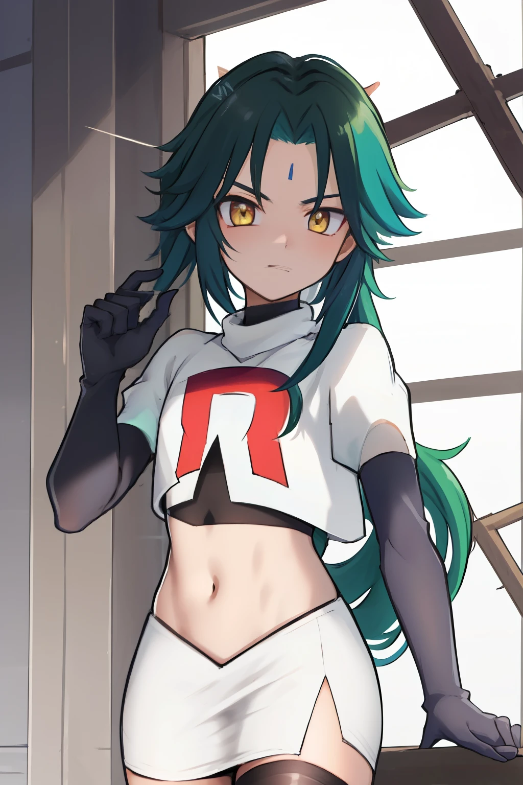 absurdres,xiao, 1boy, male focus, trap,green haired boy, yellow eyes, dead eyes, small gem on forehead,crossdressing,1boy,team rocket,team rocket uniform,white skirt,red letter R,crop top,black thigh-highs,black elbow gloves
