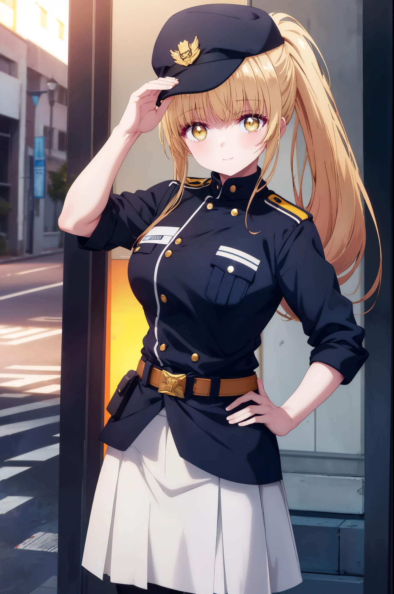 mahirushiina, Mahiru Shiina, bangs, blonde hair, brown hair, (yellow eyes:1.3), long hair,ponytail,smile,black pencil skirt, police hat,police sexy uniform, belt, black pantyhose, Jacket,smile,armband, big breasts, The right hand is saluting,Put your left hand on your hip, leaning forward, Are standing,Asahi,sunrise,The sun is rising through the gap between the buildings,
break outdoors,building street,In town,
break looking at viewer, (cowboy shot:1.5),
break (masterpiece:1.2), highest quality, High resolution, unity 8k wallpaper, (figure:0.8), (detailed and beautiful eyes:1.6), highly detailed face, perfect lighting, Very detailed CG, (perfect hands, perfect anatomy),