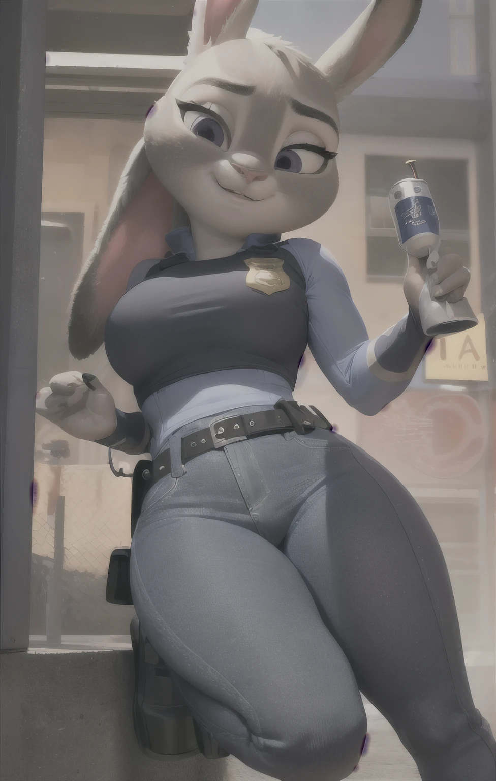 orejas hacia abajo, (Mejor calidad, Obra maestra:1), peluda hembra antro judyhopps, retrato, uniforme de policia, uniforme completo, cola de conejo, police belt, police badge, pantalones azules, sonrisa, ojos morados, pelaje del cuerpo, ojos medio cerrados, (fondo urbano detallado de la ciudad:1.1), estilo pixar 3d, cuerpo completo, caderas anchas, piernas gruesas