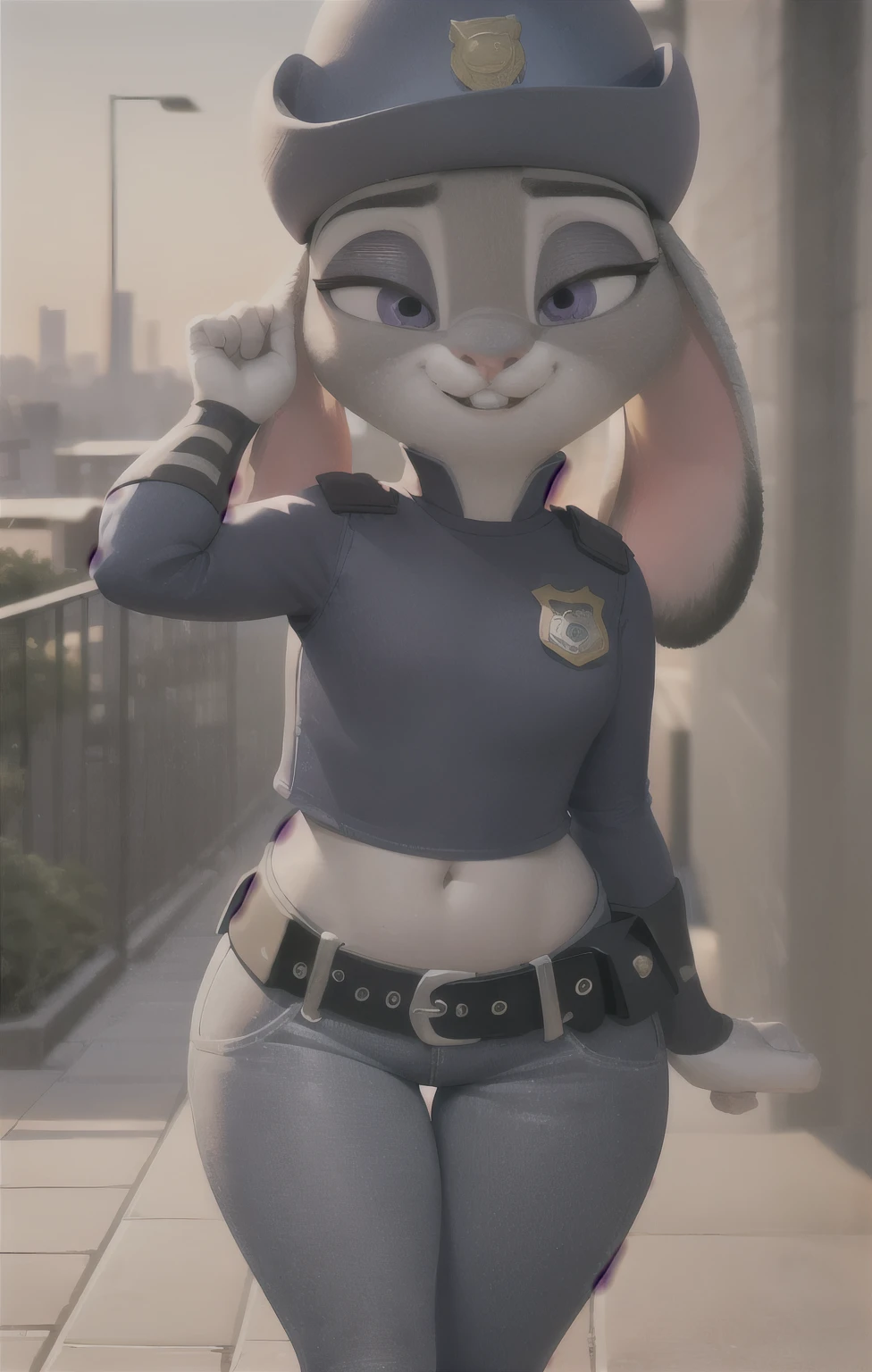 orejas hacia abajo, (Mejor calidad, Obra maestra:1), peluda hembra antro judyhopps, retrato, uniforme de policia, uniforme completo, cola de conejo, police belt, police badge, pantalones azules, sonrisa, ojos morados, pelaje del cuerpo, ojos medio cerrados, (fondo urbano detallado de la ciudad:1.1), estilo pixar 3d, cuerpo completo, caderas anchas, piernas gruesas