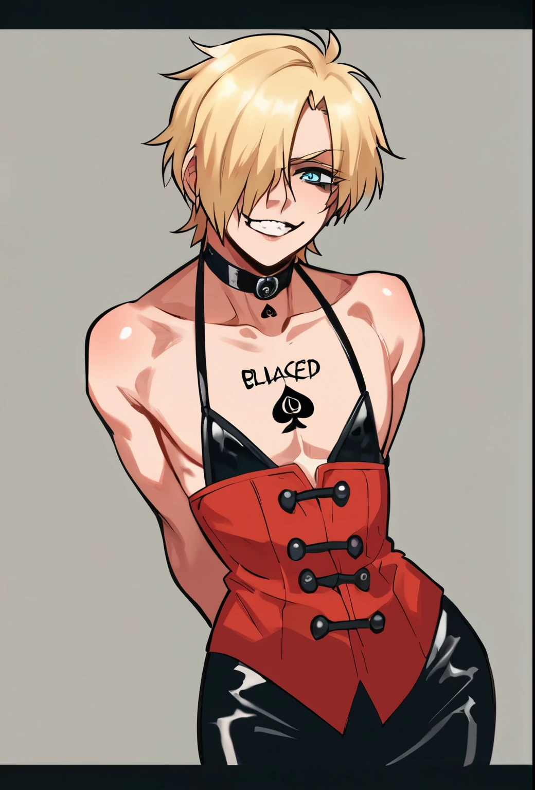 score_9, score_8_up, score_7_up, source_anime, solo, seras victoria, hellsing, smug sinister expression, 
Sinister, evil, looking at viewer, arms behind back, blonde hair, hair over one eye, blue eyes, Chines edress,  red gown,, sexy, flat chest, femboy, male, 1boy, genderbend, BBC, blacked underwear, blacked, sexy, humongous breasts, BLM, qos, queen of spades tattoo, queen of spades