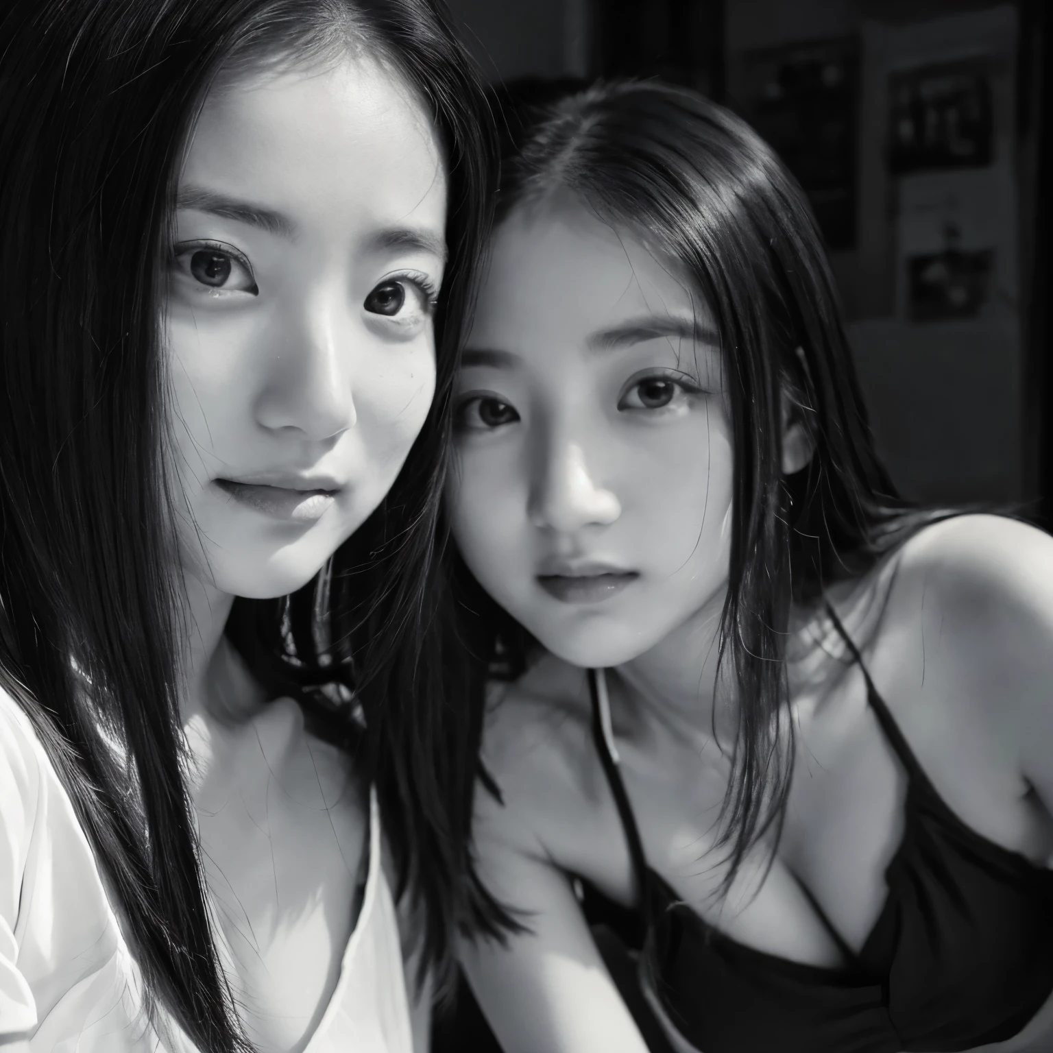 masterpiece, highest quality, Photoreal, super detailed, finely, High resolution, 8k wallpaper, Professional, High level details, ((monochrome photography)), identical twin sisters, ((facing the front)), ((vermilion lips)), detailed clavicle, perfect face, straight hair