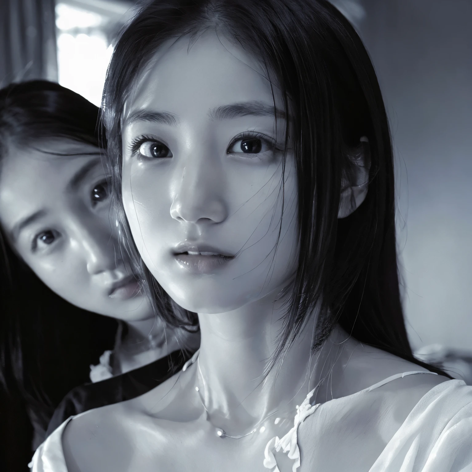 masterpiece, highest quality, Photoreal, super detailed, finely, High resolution, 8k wallpaper, Professional, High level details, ((monochrome photography)), identical twin sisters, ((facing the front)), ((vermilion lips)), detailed clavicle, perfect face, straight hair