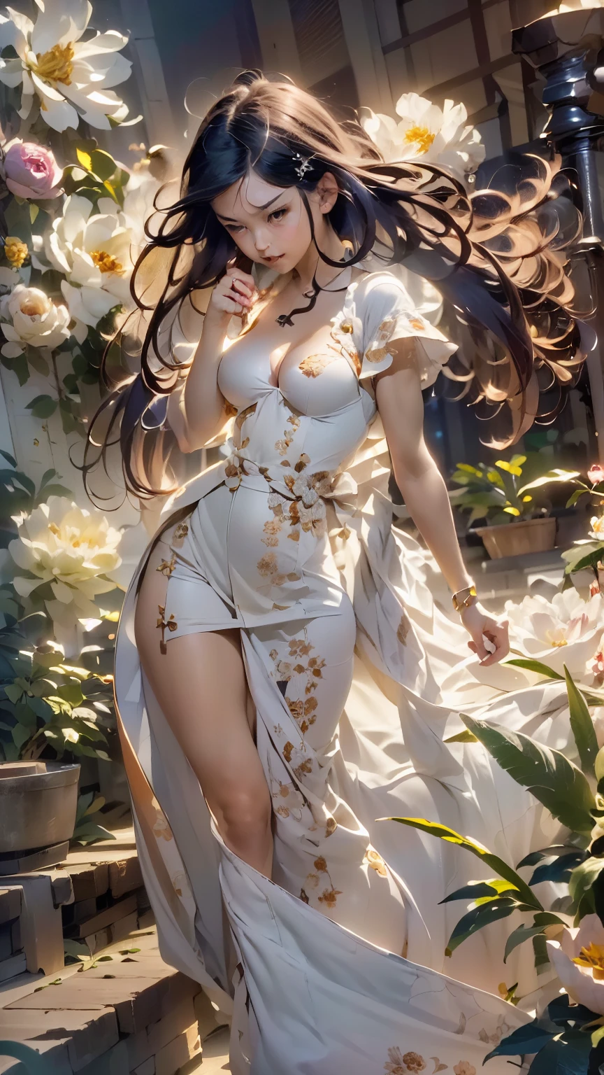 ((Masterpiece, Best quality: 1.2), (Create MAxZenArt!))_((Top quality, oil painting, virtuoso execution, wonderful masters))_((Final fantasy (Yuna),(young girl - , nude, full growth, naked body, dark hair, light skin, scarlet lips, smile; black, expressive eyes, long eyelashes))_((Girl with brown hair, dressed; black translucent - chiffon dress, gold line, very short dress- peignoir, (erotica), (sexuality), (calm relaxed pose, hair fluttering in the wind, half a turn, look at the viewer, stylish girl model))_((Beautiful painting of characters, soft anime computer graphics, realistic anime -art, sexy girl, photorealistic rendering of an anime girl, painting-realism, digital art))_ ((Background- flower garden, pictorial writing, stylized- virtuosic brushwork, graphic, (stunning; flowers lilies, peonies, chrysanthemumodern style)_(High quality, masterpiece)).
