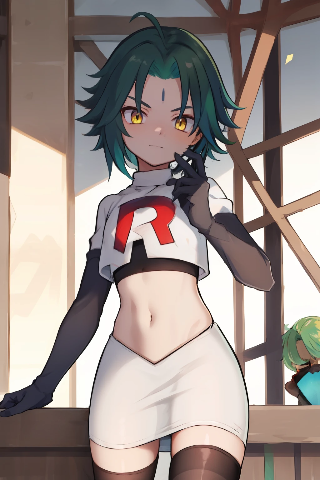 absurdres,xiao, 1boy, male focus, trap,green haired boy, yellow eyes, dead eyes, small gem on forehead,crossdressing,1boy,team rocket,team rocket uniform,white skirt,red letter R,crop top,black thigh-highs,black elbow gloves