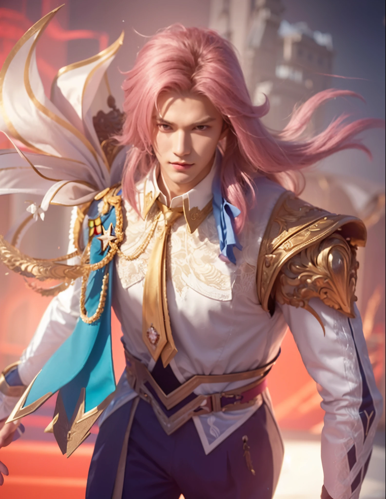 a boy, pink long hair, white uniform, a prince, good looking, elegant, classy, at the glorious castle, with a tie, sharp eye, little mysterious smile