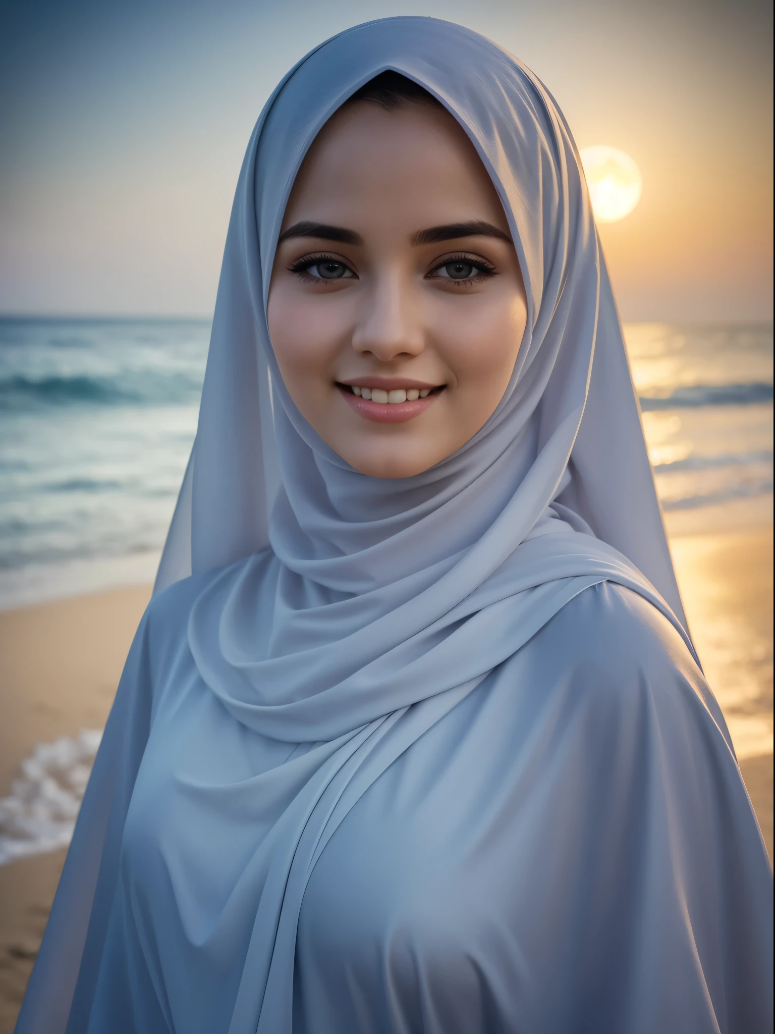 high quality, 8K Ultra HD,a young beautiful lady with a long islamic dress, pale skin , warm smile, beatuiful face ,wearing hijab , moonlight coast should serve as the underlying backdrop, with its details incorporated into the goddess , crisp lines, The background is monochrome, sharp focus, double exposure, awesome full color,