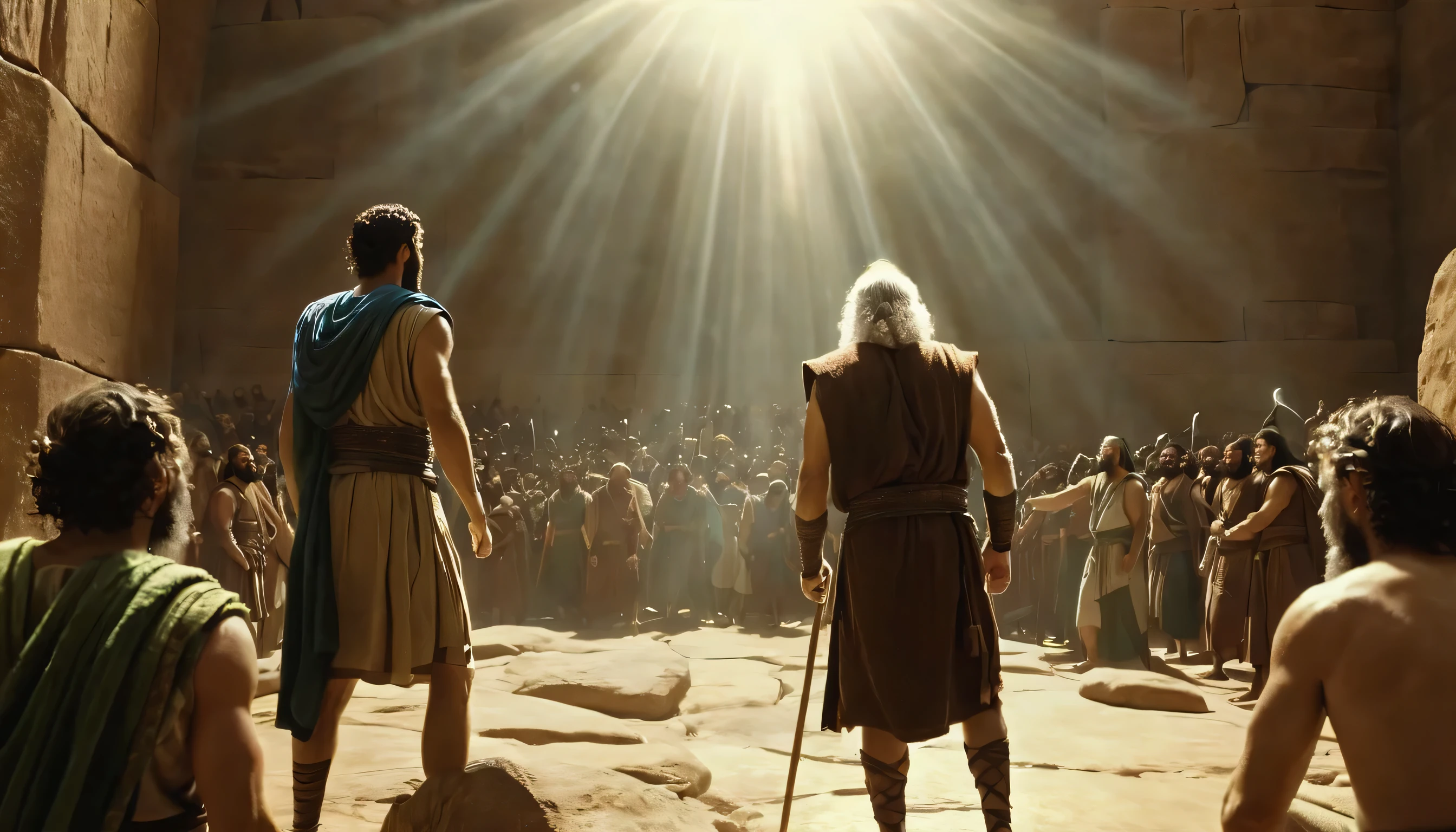 God instructed Moses to anoint Joshua as his successor; 1080p resolution, 32K, cinematic shot, Biblical time, Tempos antigos, realismo, fantasia, epic, with strong epic light reflection, epic image background.