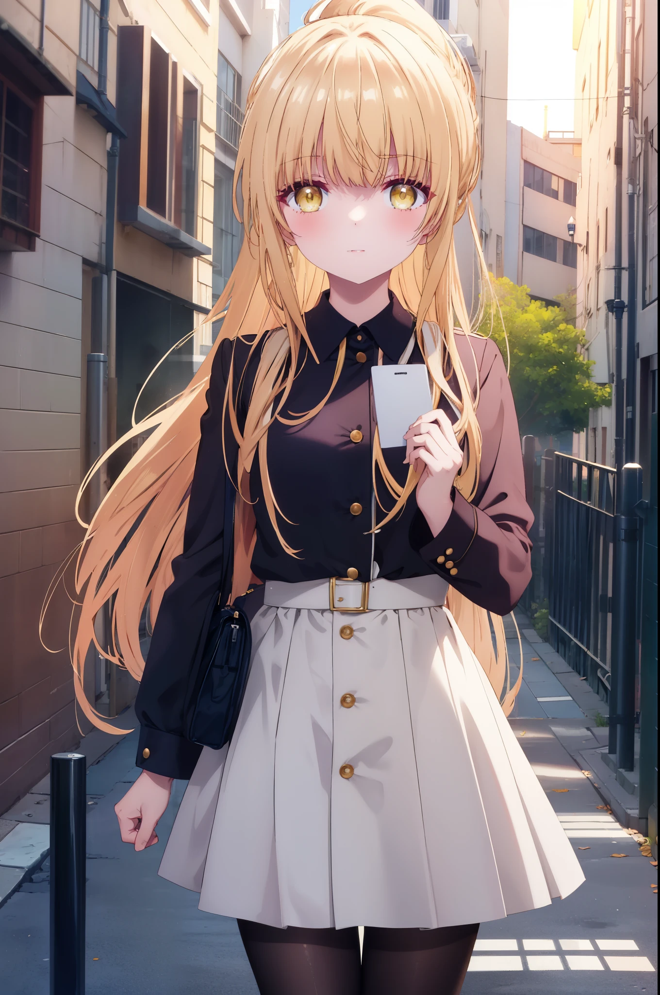 mahirushiina, Mahiru Shiina, bangs, blonde hair, brown hair, (yellow eyes:1.3), long hair,ponytail,OL, red glasses, end, black suit jacket, collared jacket, white dress shirt, collared shirt, neckline, button, strap, ID card on neck, black pencil skirt, stiletto heels,black pantyhose, smile, blush, looking at the viewer,sunrise,morning,The sun is rising through the gap between the buildings,walking,
break outdoors,building street,In town,
break looking at viewer,
break (masterpiece:1.2), highest quality, High resolution, unity 8k wallpaper, (figure:0.8), (detailed and beautiful eyes:1.6), highly detailed face, perfect lighting, Very detailed CG, (perfect hands, perfect anatomy),