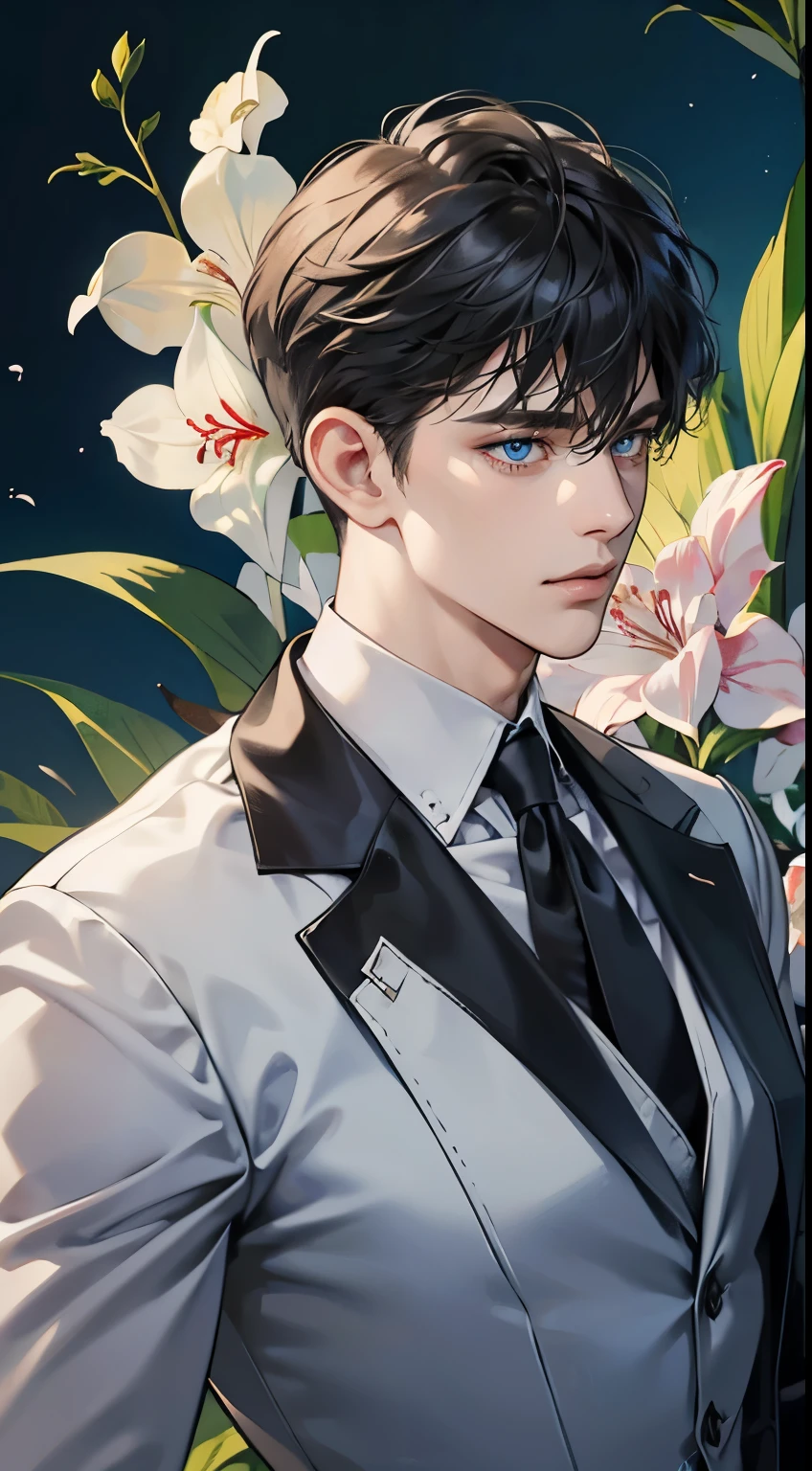 ((masterpiece)),(((best quality))), (detailed light) (detailed shadow), (high quality, breathtaking),(expressive eyes, perfect face), 1man, solo, male, tall, (mature), board shoulder, muscular, short black Quiff hair with Soft Fringe (bangs part on side 3:7 ratio), blue eyes, no smiling, black suit, black tie, Amaryllis flower background, flower petal flying, windy, look at viewer