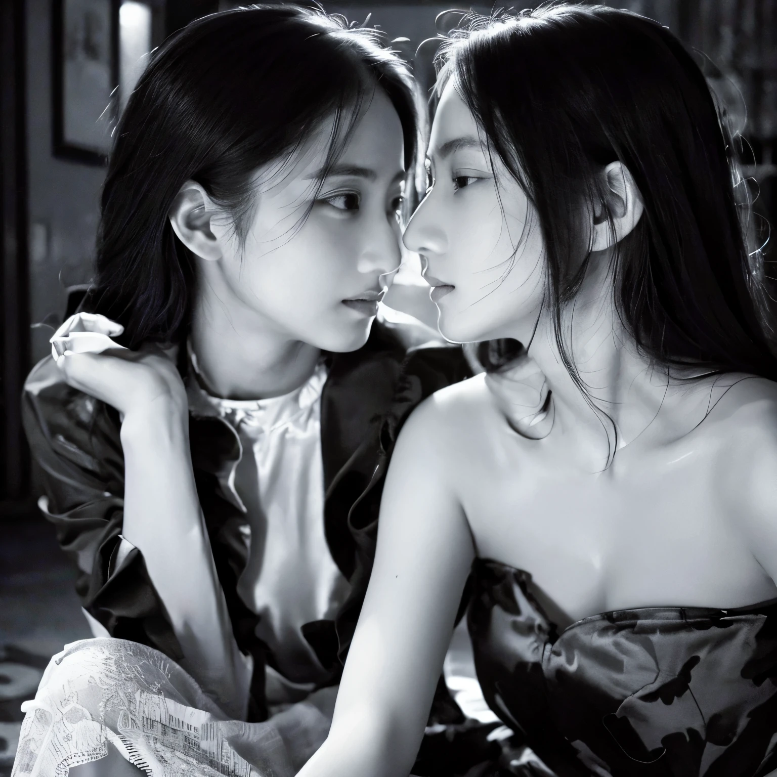 Identical twin sisters hugging,masterpiece, highest quality, Photoreal, super detailed, finely, High resolution, 8k wallpaper, Professional, High level details, ((monochrome photography)), ((facing the front)), ((vermilion lips)), detailed clavicle, perfect face, straight hair