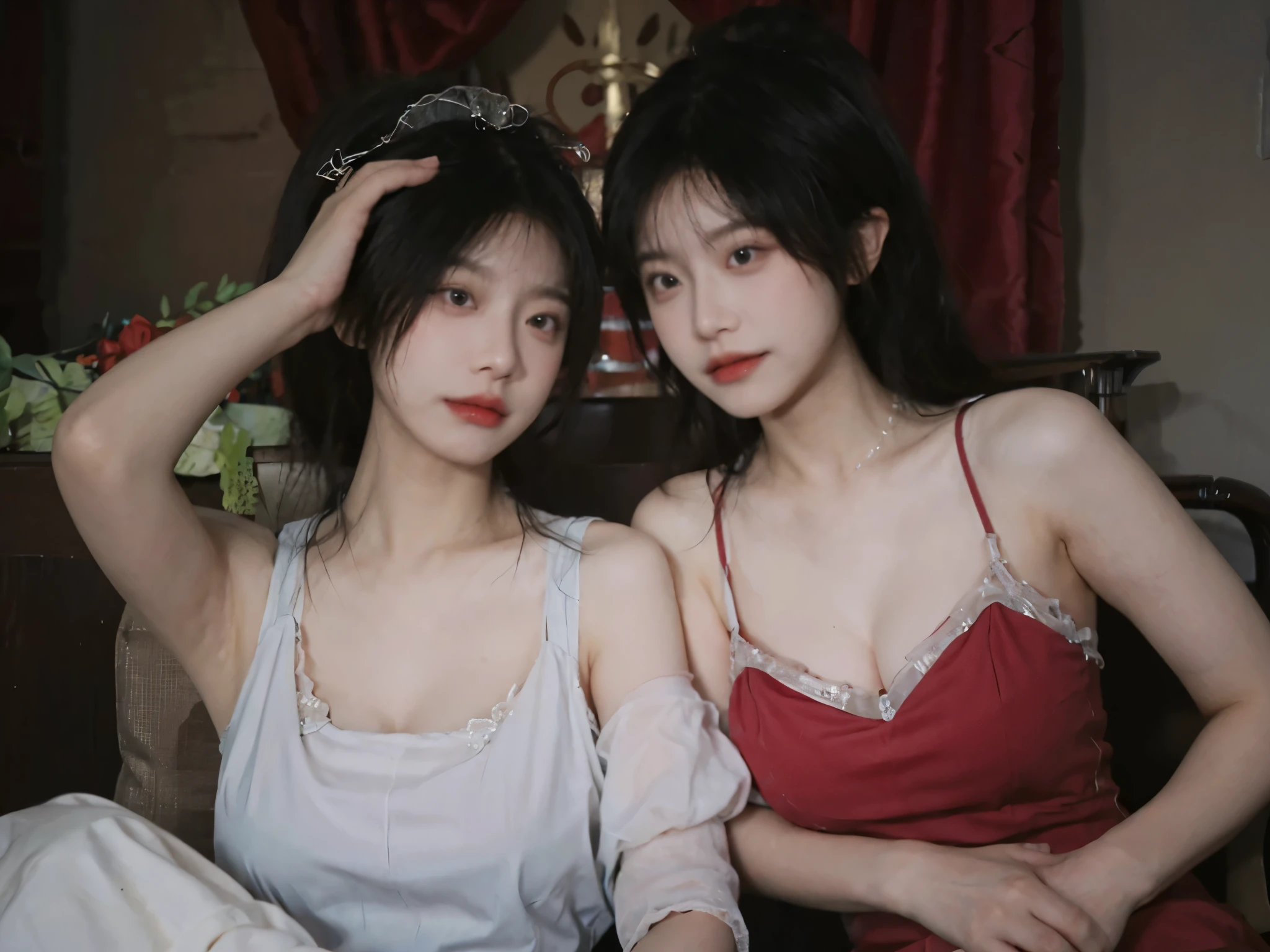 best qualtiy, 超高分辨率, (realisticlying:1.4), one-girl, A pair of clear and moving eyes,Royal Sister,Red dress, (big cleavage breasts:1.2), looking at viewert, closeup cleavage ,