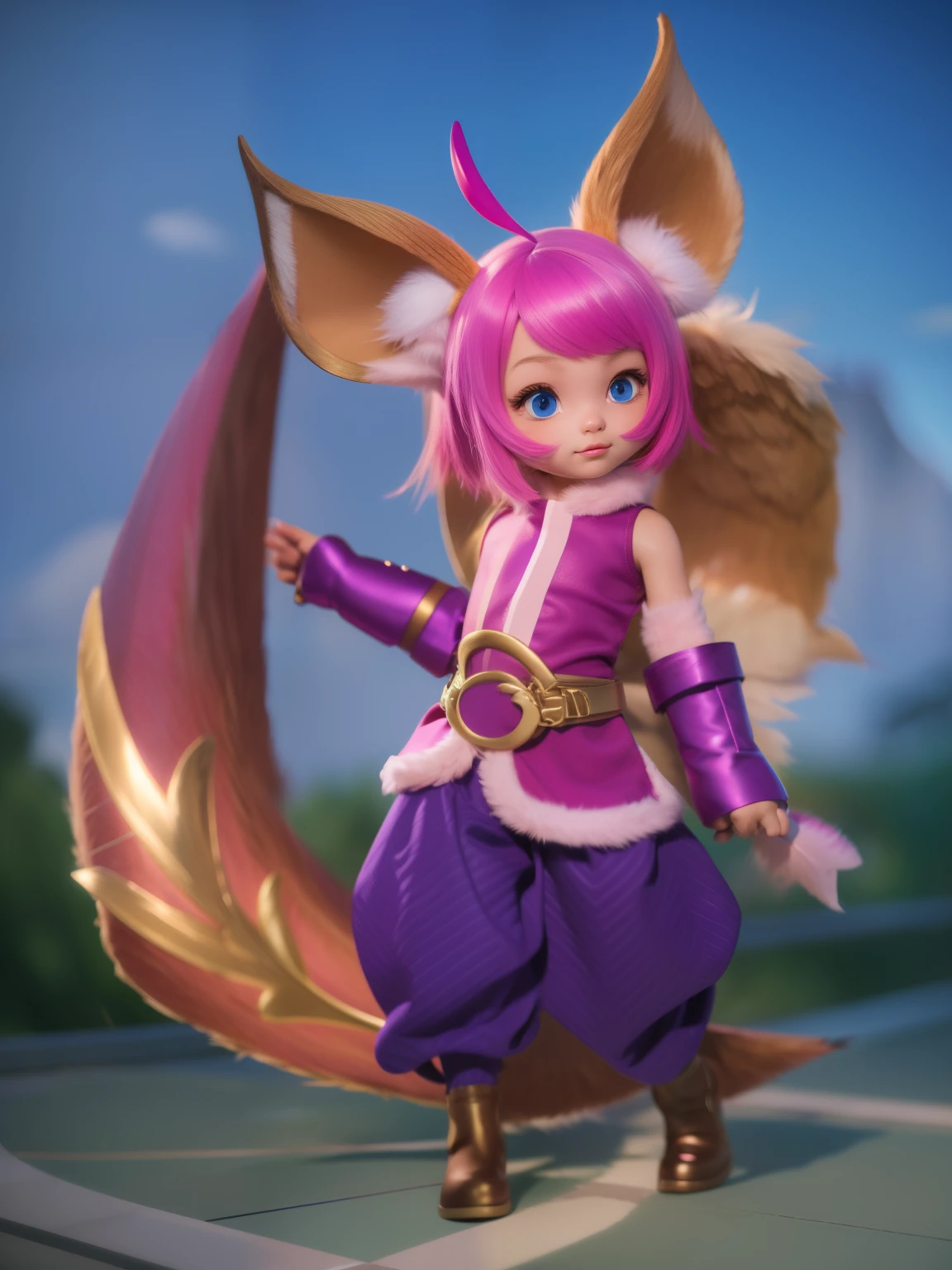 Extremely realistic, Ultra detailed, Make a this realistis, ((8K, Raw, Photography realistic:1.25)), epic skin,((girl kids)), ((10 year old girl)), Cute face, ((hyper realistic face)), Human face, Hyper detailed face, (human face), ((Fox cosplay)), fox ear, feathers ear, (pink mantel clothes)), perfect face, realistic eye, blue eye, beautiful eye, realistic nose, realistic lips, a close up of a person with a pink hair and a fox tail, female furry mini cute style, fox nobushi, pink fox, feathers, hyper realistic feather, hyper realistic clothes, gold rope belt, cat's paw pink gesper, fuchsia skin below the armor, fuchsia skin, pixie character, fuschia skin, fuchsia skin beneath the armor, cute character, smooth fuschia skin, Tail, hyper realistic Tail feathers, hyper realistic skin, armor, hyper realistic armor, Boomerang weapon, Giant boomerang, hyper realistic weapon, hyper realistic wooden boomerag, Boomerang gold plate, pink arm gloves, hyper realistic gloves, boots, realistic boots, kitsune inspired armor, bright fuchsia skin, hyper realistic shadow, hyper realistic lighting, background change, Hyper realistic background