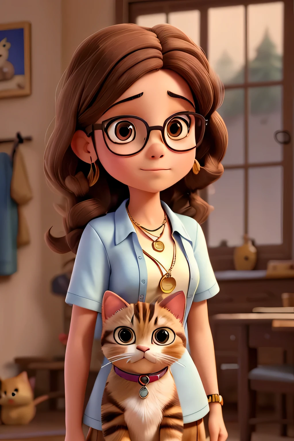Yemeni woman, 1940s, Elegant brown hair, Dark brown eyes, glasses, He wears a shirt with a cat on it, Her cat necklace, Feelings