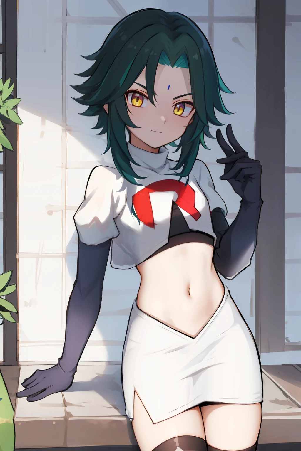 absurdres,xiao, 1boy, male focus, trap,green haired boy, yellow eyes, dead eyes, small gem on forehead,crossdressing,1boy,team rocket,team rocket uniform,white skirt,red letter R,crop top,black thigh-highs,black elbow gloves