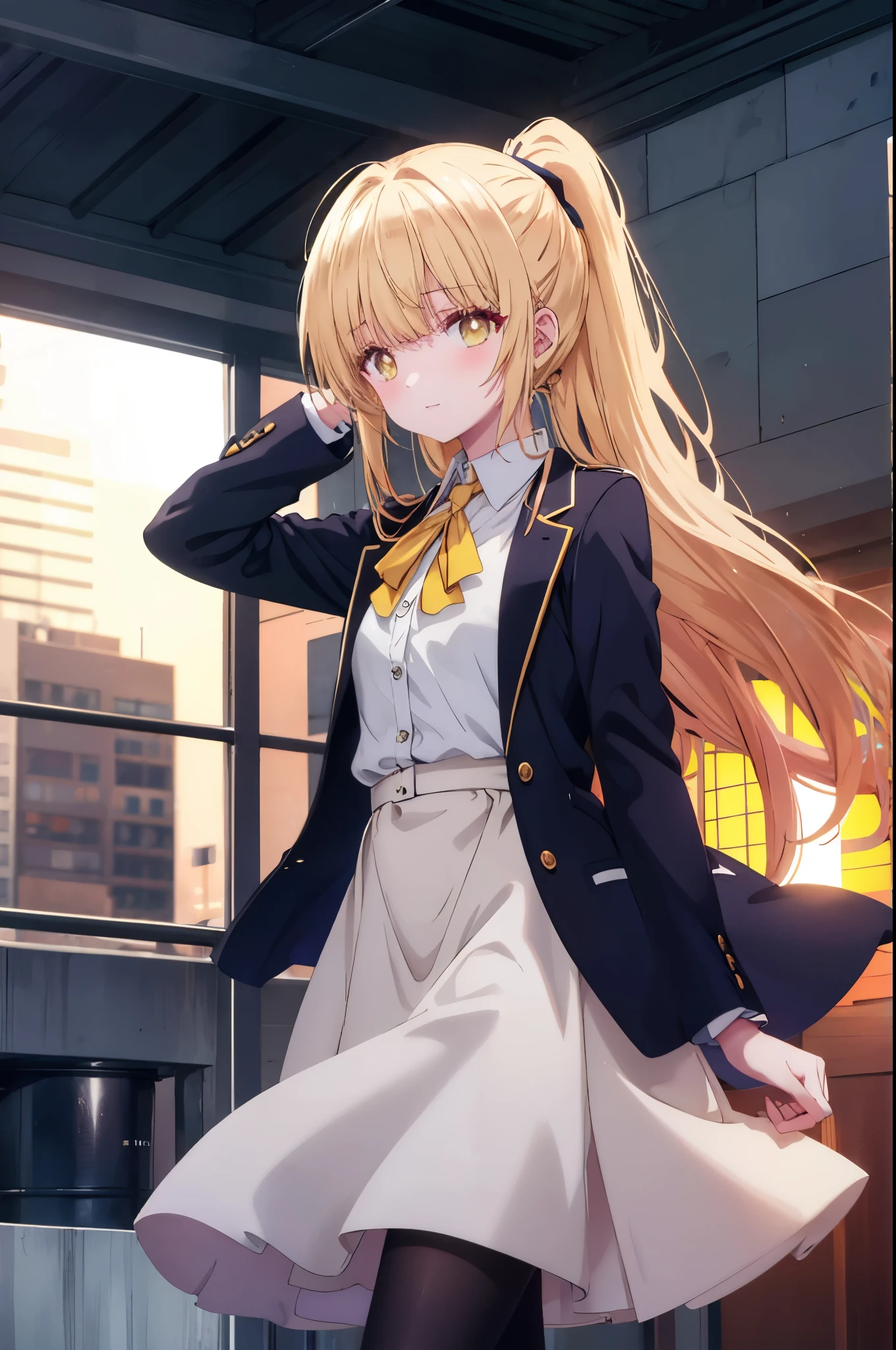mahirushiina, Mahiru shiina, Long Hair, bangs, Blonde Hair, Brown Hair, (Yellow Eyes:1.3), smile,Black jacket,Hair Bun, single Hair Bun,Grin,Fishnet tights,Heeled Sandals,mini skirt, Headband Top, whole bodyがイラストに入るように,
break indoors, stage,
break looking at viewer, whole body,
break (masterpiece:1.2), highest quality, High resolution, unity 8k wallpaper, (figure:0.8), (Beautiful fine details:1.6), Highly detailed face, Perfect lighting, Highly detailed CG, (Perfect hands, Perfect Anatomy),
