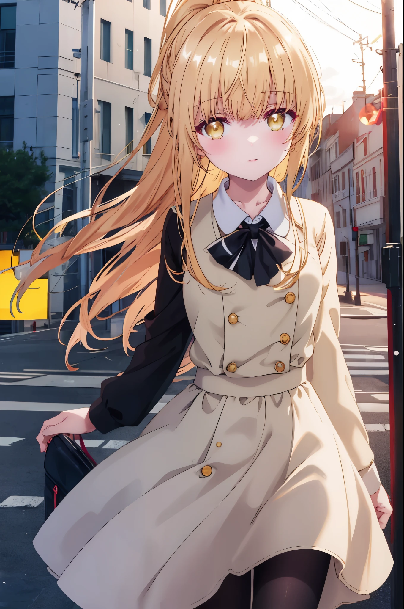 mahirushiina, Mahiru Shiina, bangs, blonde hair, brown hair, (yellow eyes:1.3), long hair,ponytail,OL, red glasses, end, black suit jacket, collared jacket, white dress shirt, collared shirt, neckline, button, strap, ID card on neck, black pencil skirt, stiletto heels,black pantyhose, smile, blush, looking at the viewer,sunrise,morning,The sun is rising through the gap between the buildings,walking,
break outdoors,building street,In town,
break looking at viewer,
break (masterpiece:1.2), highest quality, High resolution, unity 8k wallpaper, (figure:0.8), (detailed and beautiful eyes:1.6), highly detailed face, perfect lighting, Very detailed CG, (perfect hands, perfect anatomy),