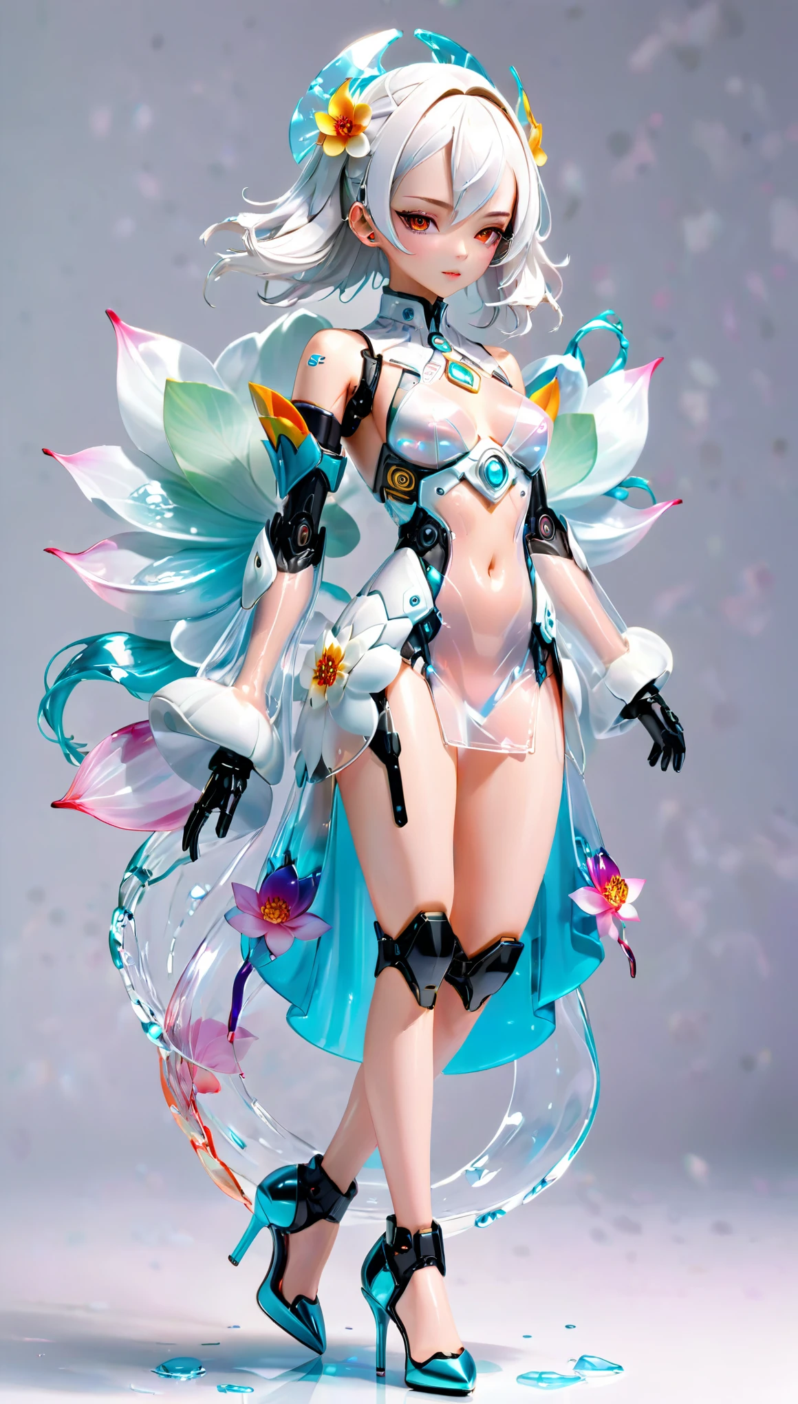 (Blind Box Spielzeug Stil:1.2),full body, solo,white background,(A female robot in a transparent White Lotus dress, wearing gloves and high heels),(Chinese color,Very colorful), Cyberpunk,3D
