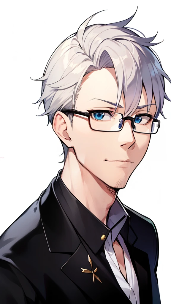 anime man in his 30s with glasses and a black jacket, sakimichan, tall anime man in his 30s with blue eyes, white haired, anime handsome man, white-haired, with glasses, akihiko yoshida!, tpose, seinen manga portrait, with glasses on, ( ( eye glasses ) ), akihiko yoshida 8 k, avatar image, taisho roman, in his 30s