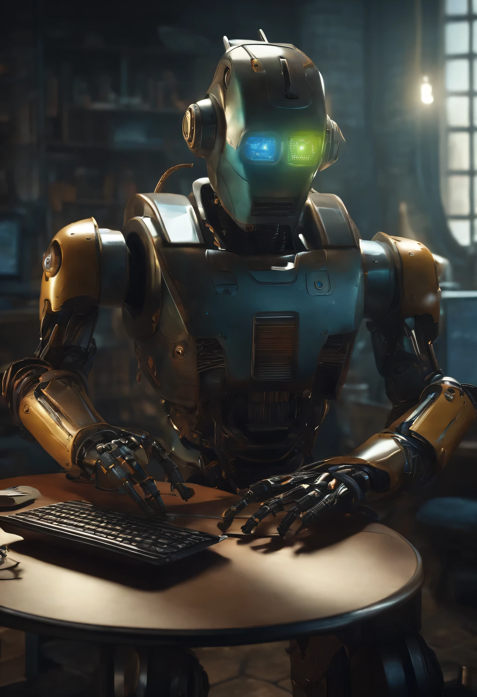 Realistic image of robot writing a message on the computer  