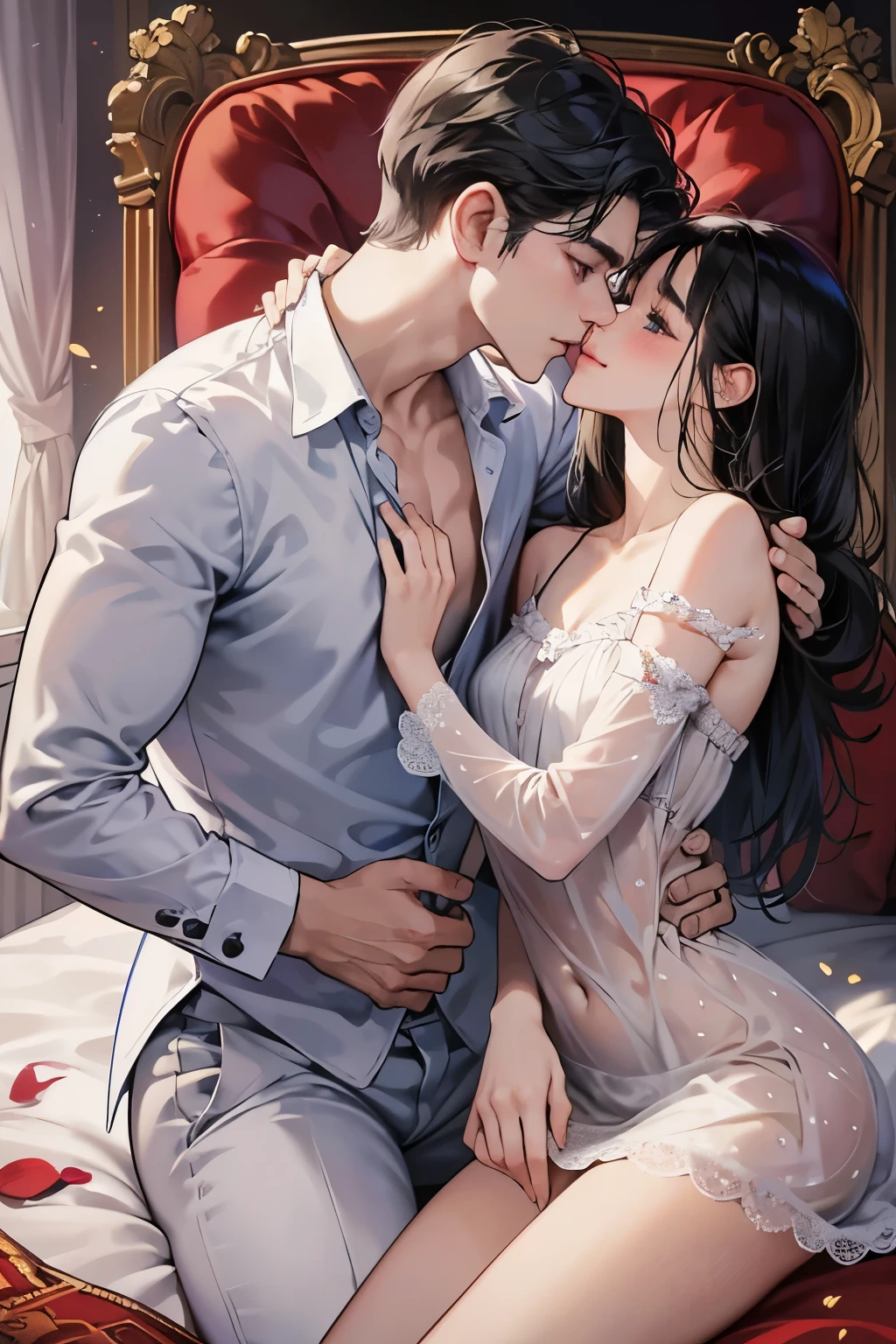 (table top, digital art, digital illustration, 4K, 8K, super detailed, beautiful images, clear image, realistic, RAW photo, perfect face, perfect lines, perfect eyes, soft lighting) woman1 name, (long black hair,straight hair,Bullish gaze,beautiful woman,woman、solid makeup,23歳woman,small breasts:1.3),Two handsome humans in suits, (human,Humanity is in a suit,muscular,Firm shoulder width, human,boyish hairstyle,british gentleman's style,30's human nature with cool expression,28 year old human with a bright smile:1.2),bed room full of light、bed、lace nightgown、kissing、kiss、couple、couplekiss、Romance、sex、wet genitals、overflowing、Full body painting,(one girl and one human,have :1.5),(human, human,Rubbing the girl's :1.2),blushing、gasping face、embarrassing、boredom、begging、Unfortunate、Greedy expression,wet genitals、 xen、Please open your thighs wide.、Cowgirl、exposed chest、wet shirt、Roll up the hem of your nightgown、attraction