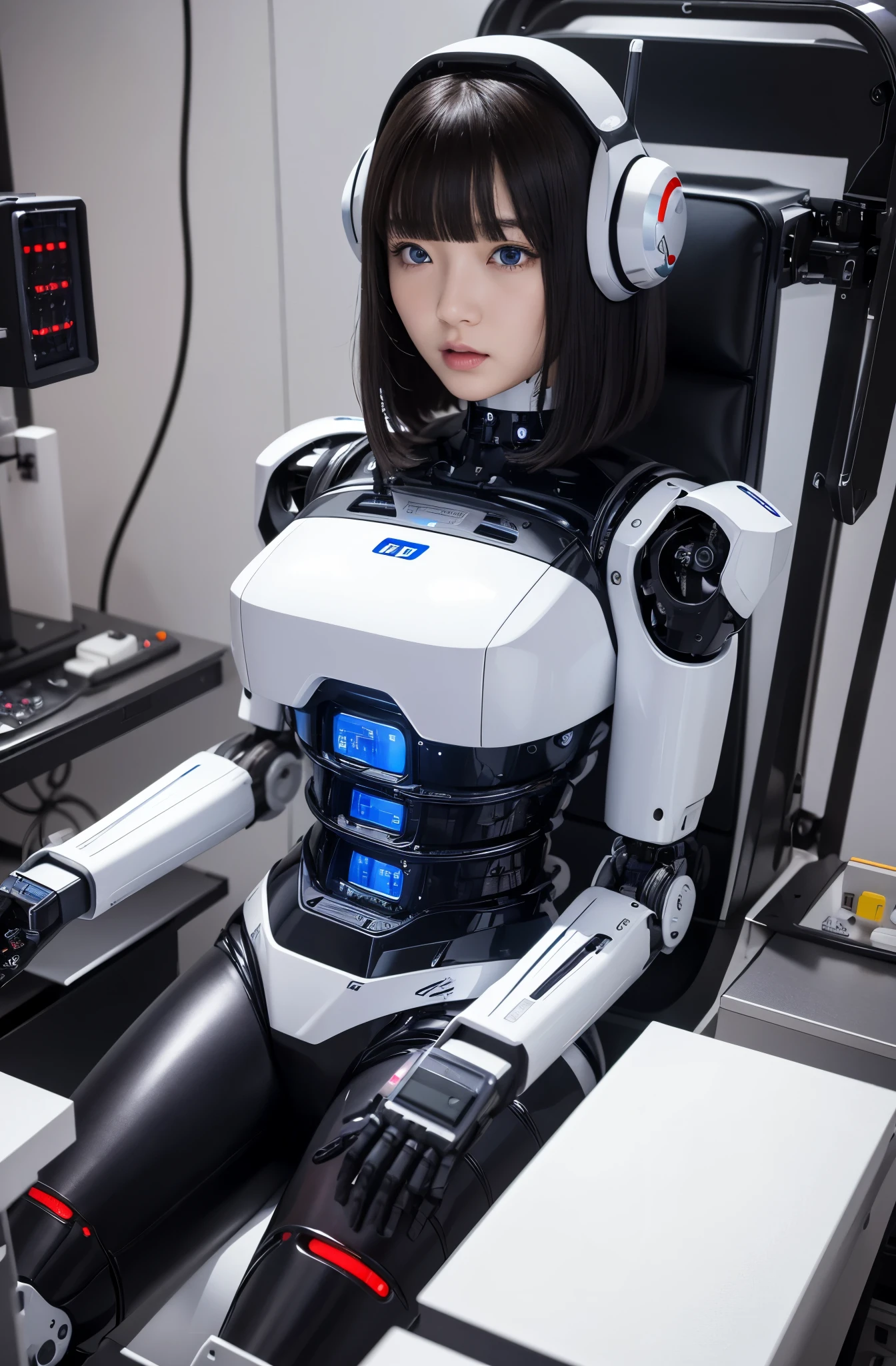 masterpiece, best quality, extremely detailed, Japaese android girl,Plump ,control panels,android,Droid,Mechanical Hand, Robot arms and legs,Blunt bangs,perfect robot girl,long tube,thick cable connected her neck,android,robot,humanoid,cyborg,japanese cyborg girl ,robot-assembly plant,She has assembled now,assembly scene,chest monitor,blue eyes