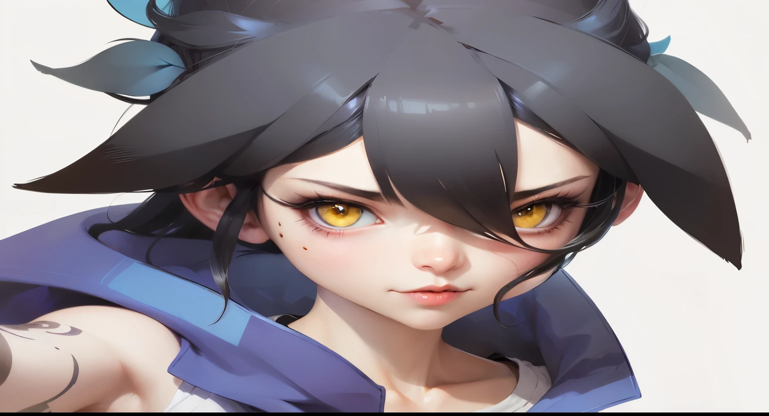 Anime girl with black hair and yellow eyes pointing at something, Artgerm and Atey Ghailan, anime style 4k, Detailed anime character art, Extremely detailed Artgerm, Portrait of anime heroine, Krenz Kushat and Artgerm, Artem and Ilya Kuvshinov, Art Jem 4K, anime style characters