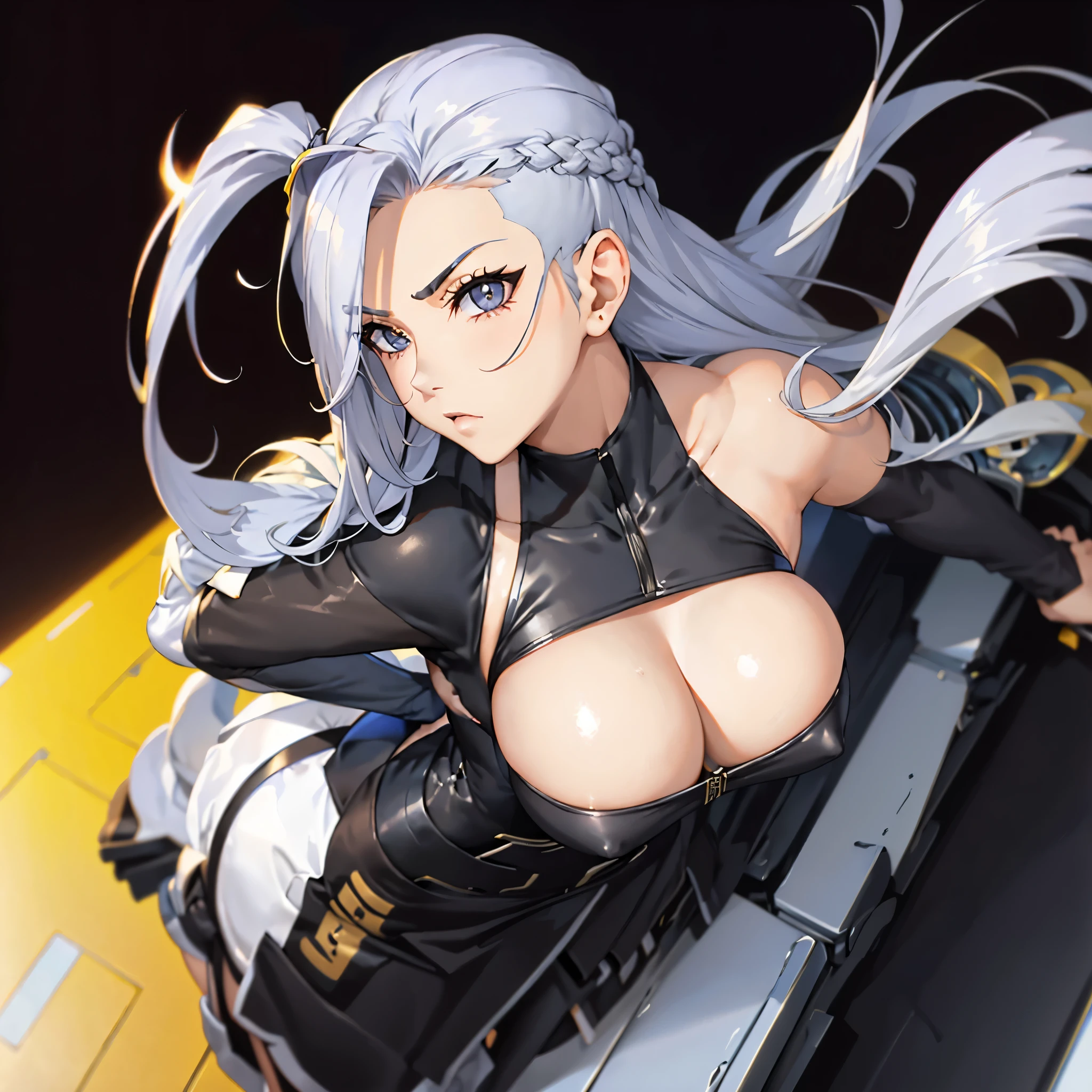 garota cyberpunk rebelde de cabelos curtos dourados vestindo roupa de cientista, olhos azuis, corpo esguio, medium breasts, obra prima, High definition, olhos detalhados, solo mastery, cabelos curtos, cut hair, cabelos loiros, serious look, cabelo raspado na lateral, cabelo raspado na lateral, front the front, de frente para camera, fundo preto, black background, huge tits, huge breasts