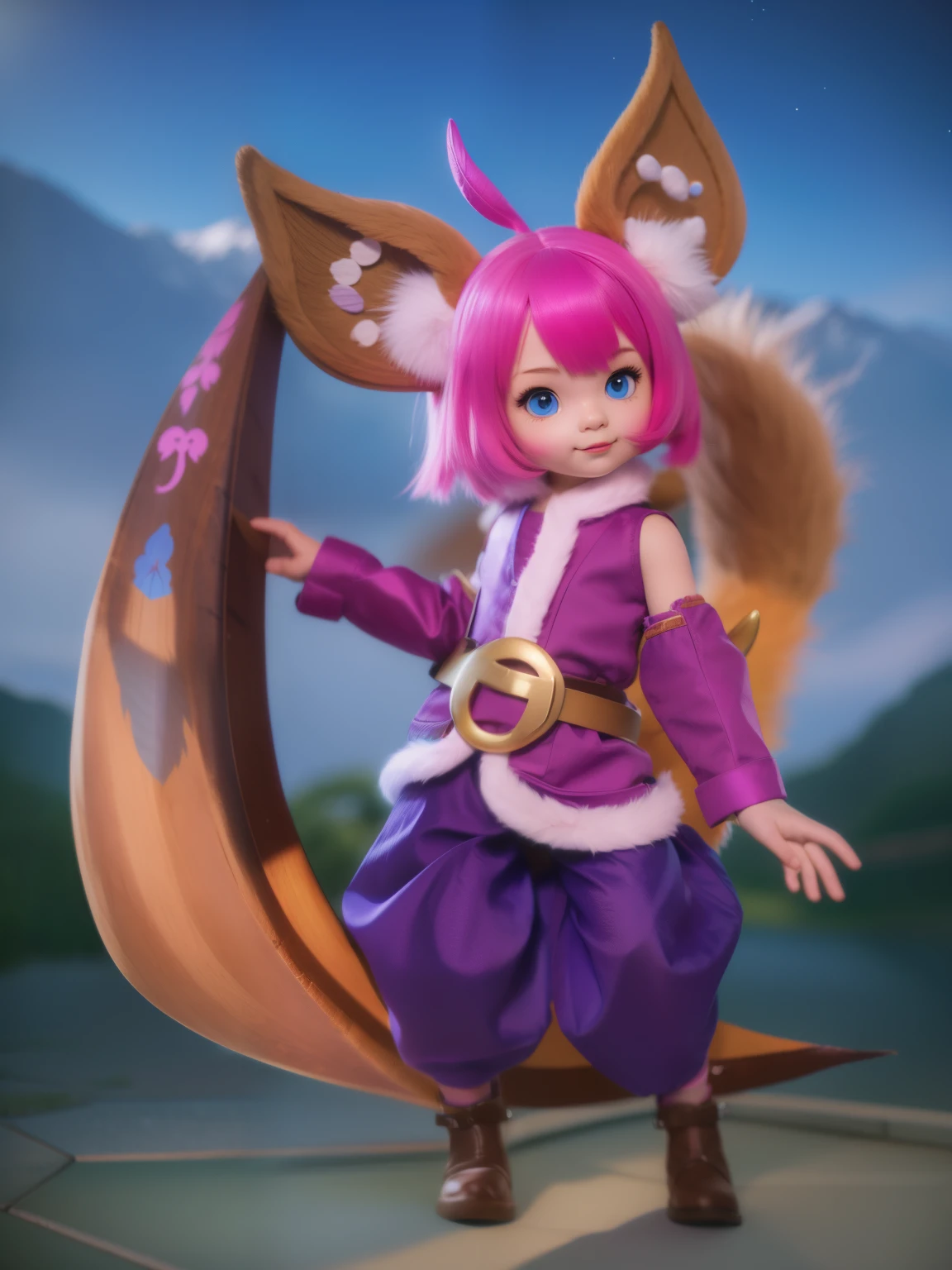 Extremely realistic, Ultra detailed, Make a this realistis, ((8K, Raw, Photography realistic:1.25)), epic skin,((girl kids)), ((10 year old girl)), Cute face, ((hyper realistic face)), Human face, Hyper detailed face, (human face), ((Fox cosplay)), fox ear, feathers ear, (pink mantel clothes)), perfect face, realistic eye, blue eye, beautiful eye, realistic nose, realistic lips, a close up of a person with a pink hair and a fox tail, female furry mini cute style, fox nobushi, pink fox, feathers, hyper realistic feather, hyper realistic clothes, gold ninja rope belt, cat's paw buckle, fuchsia skin below the armor, fuchsia skin, pixie character, fuschia skin, fuchsia skin beneath the armor, cute character, smooth fuschia skin, Tail, hyper realistic Tail feathers, hyper realistic skin, armor, hyper realistic armor, Boomerang weapon, Giant boomerang, hyper realistic weapon, hyper realistic wooden boomerag, Boomerang gold plate, pink arm gloves, hyper realistic gloves, boots, realistic boots, kitsune inspired armor, bright fuchsia skin, hyper realistic shadow, hyper realistic lighting, background change, Hyper realistic background