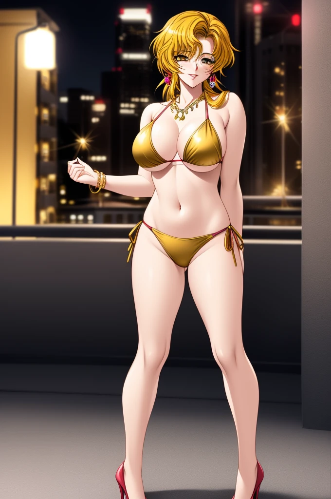 ItoRyoko, masterpiece, best quality, a mature sexy woman in gold string bikini posing on high rise balcony at night, 1girl, solo, jewelry, sexual swimsuit, earrings, high heels, under , cleavage, breasts, thong bikini bottom, sexy smile, lips,